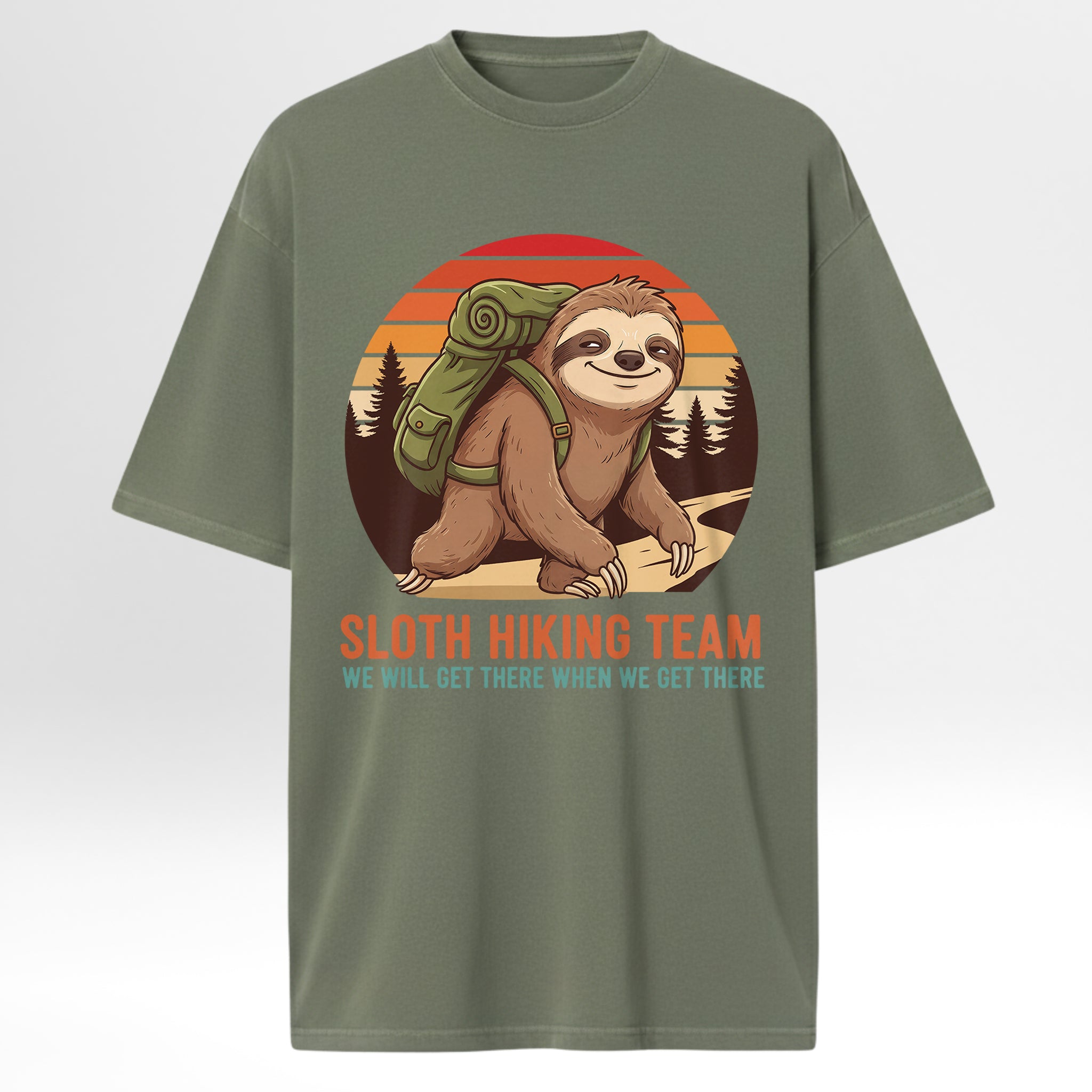 Green camp & trail t-shirt with a sloth graphic and 'Sloth Hiking Team' text.