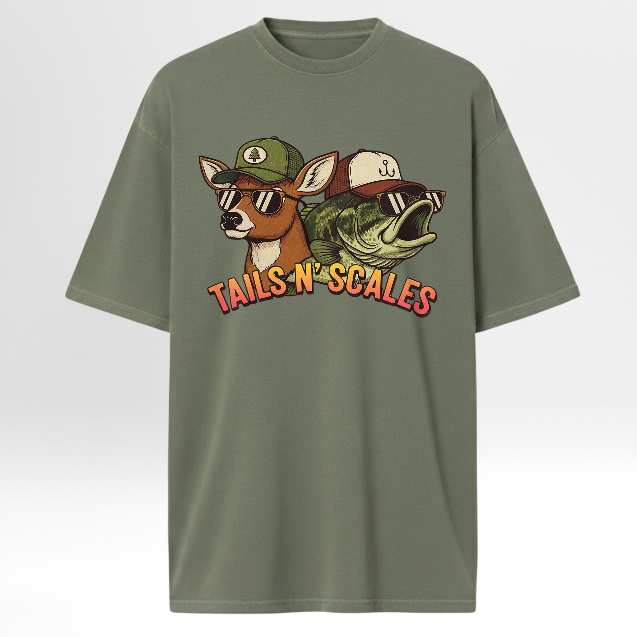 Green hunting and fishing t-shirt with a graphic of a deer, fish, and text 'TAILS N SCALES'.