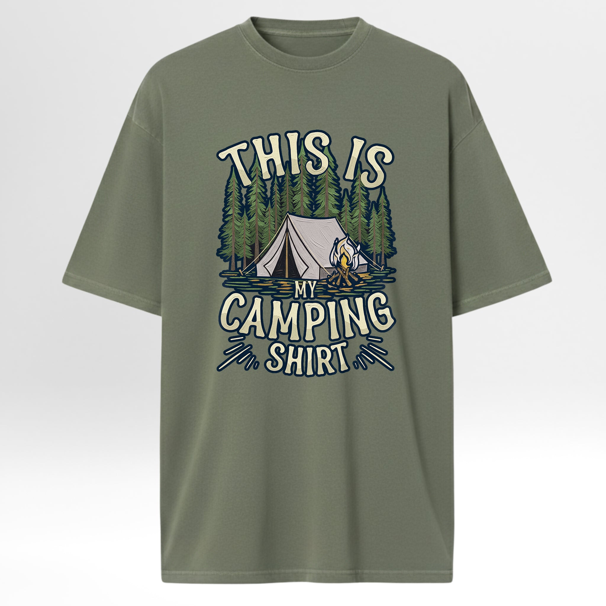 Green camping t-shirt with camping graphic and text 'This Is My Camping Shirt'.