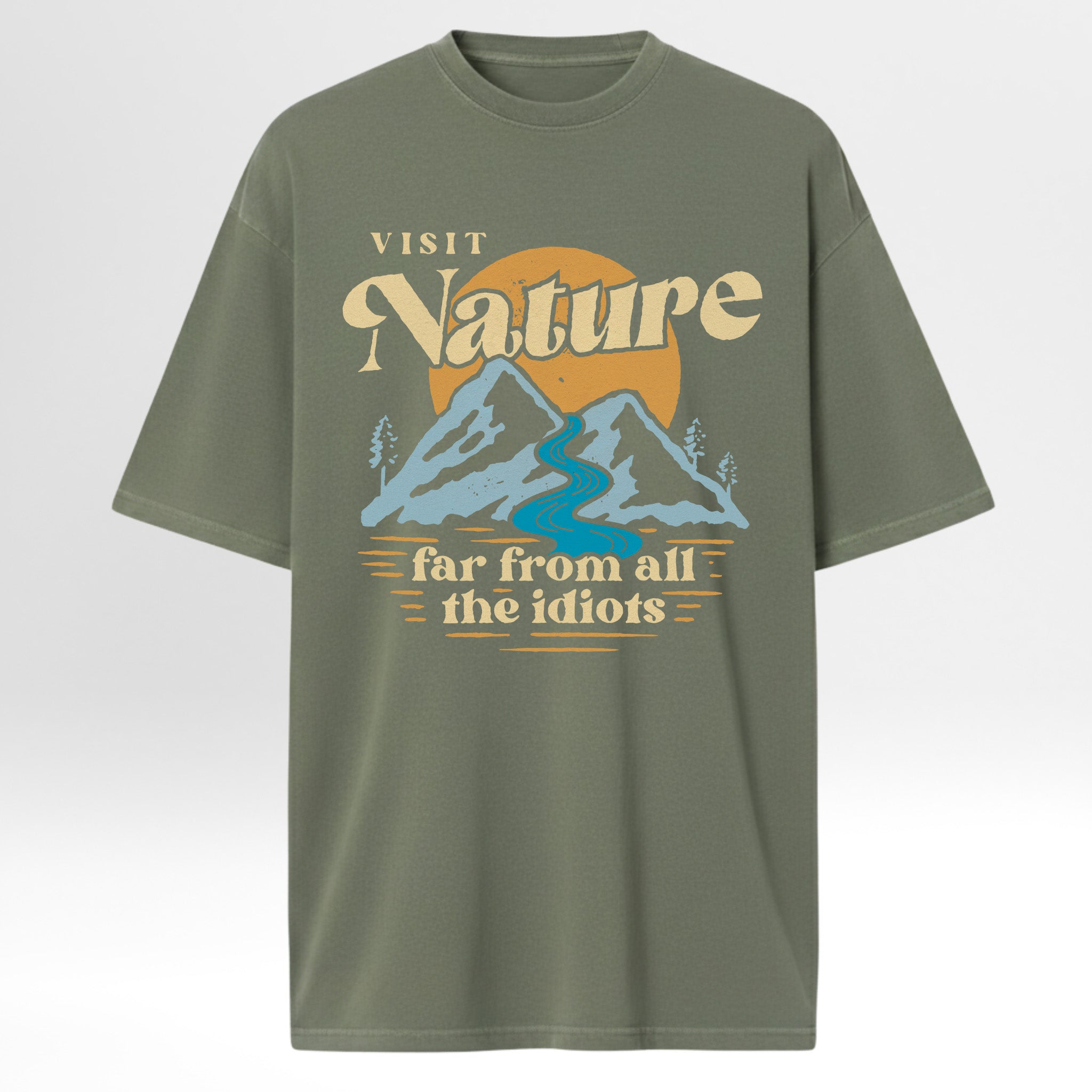 Green camp & trail t-shirt with nature-themed graphic and text 'Visit Nature Far From All The Idiots'.