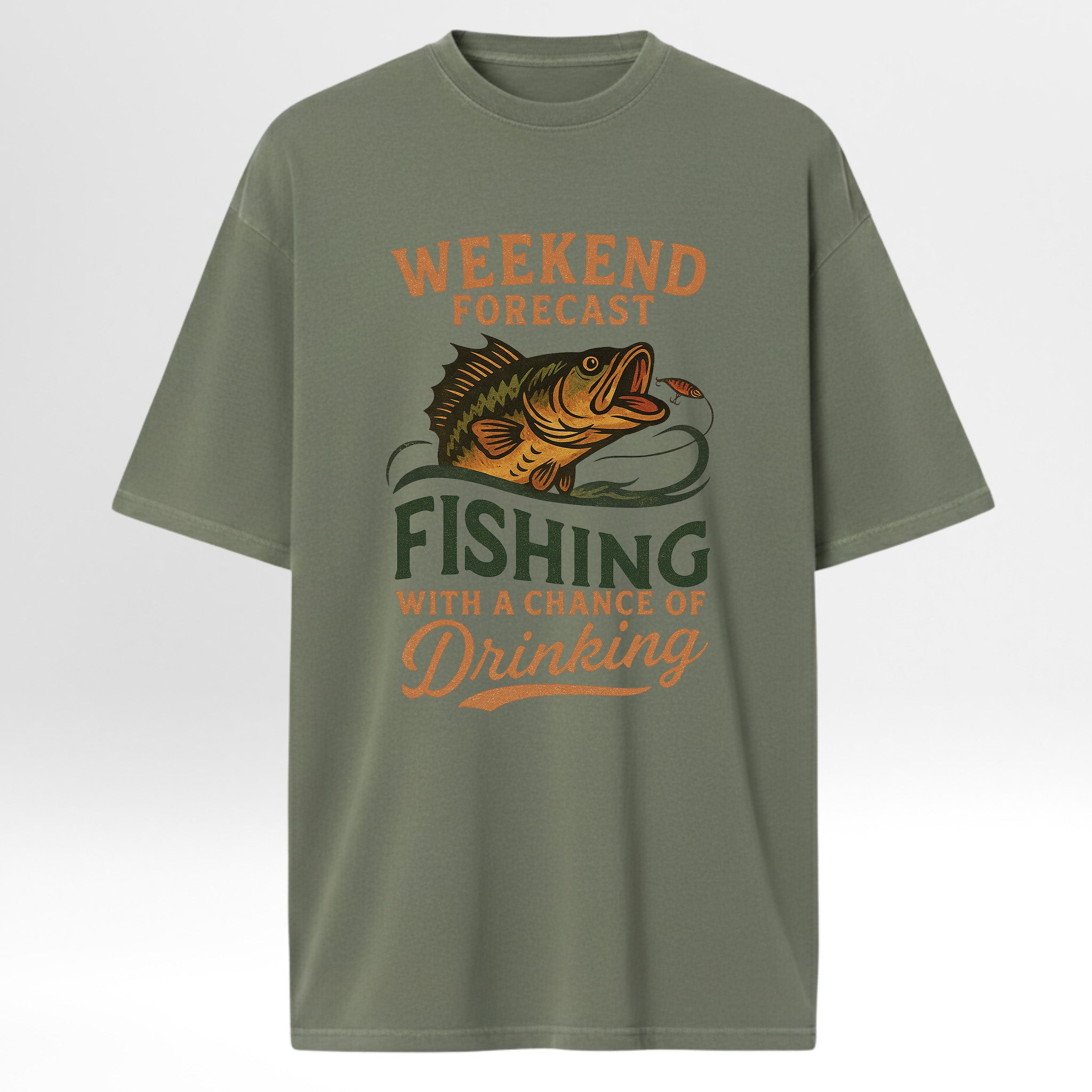 Green fishing t-shirt with fishing graphic and text 'Weekend Forecast Fishing With A Chance Of Drinking'.