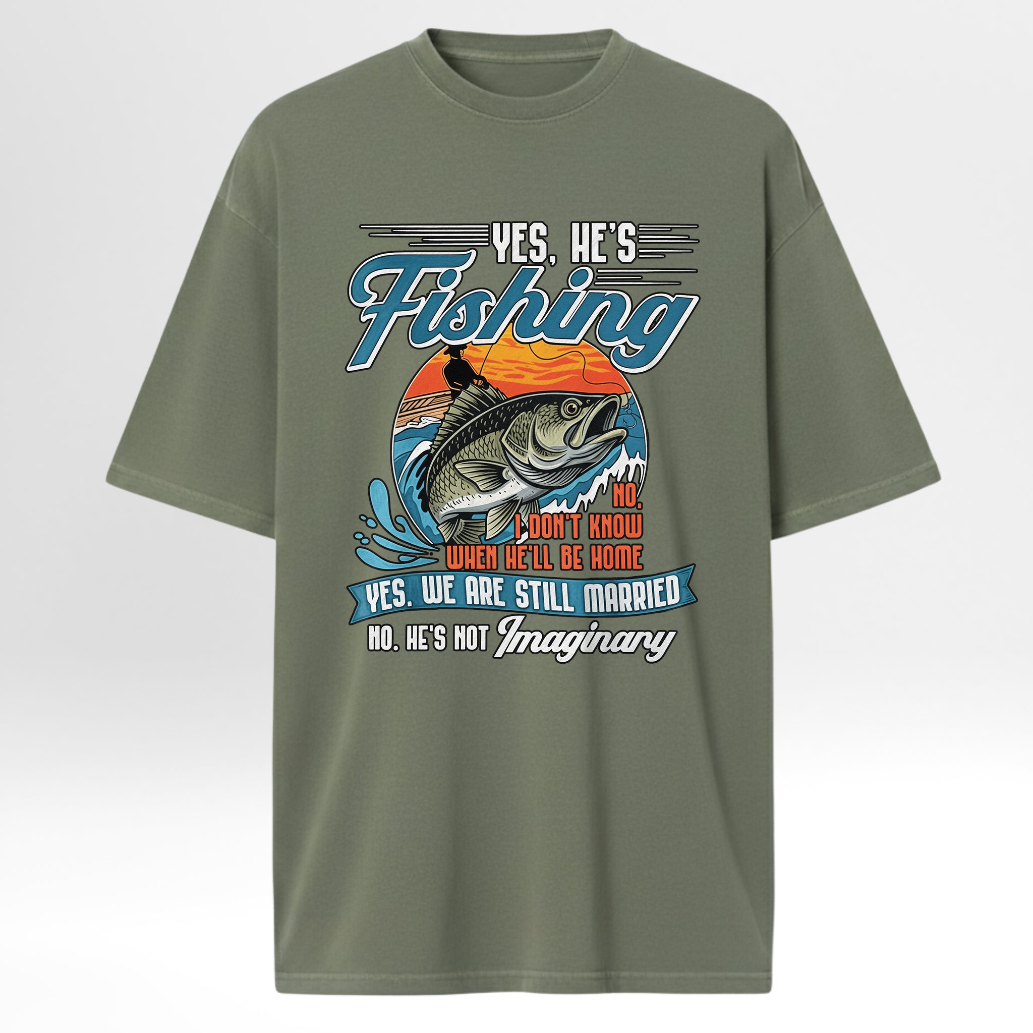Green fishing t-shirt with fishing graphic and text.