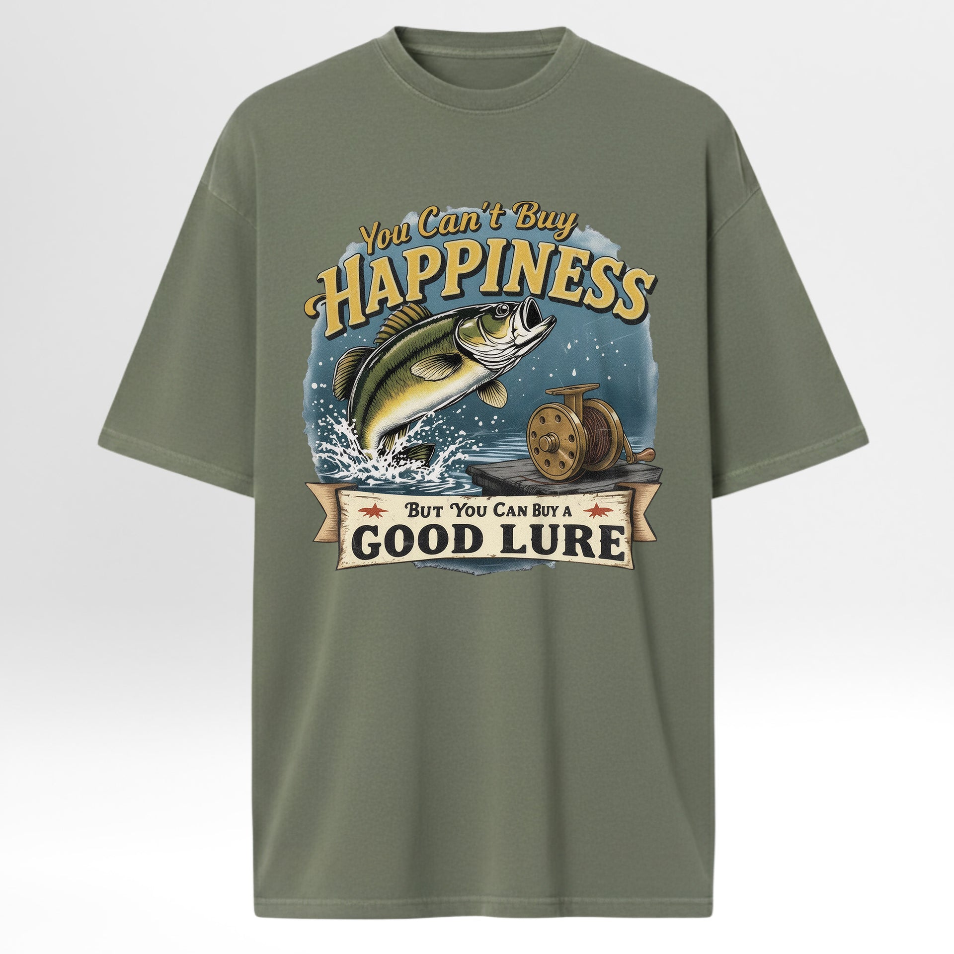 Green fishing t-shirt with fishing graphic and text 'You Can't Buy Happiness But You Can Buy A Good Lure'.