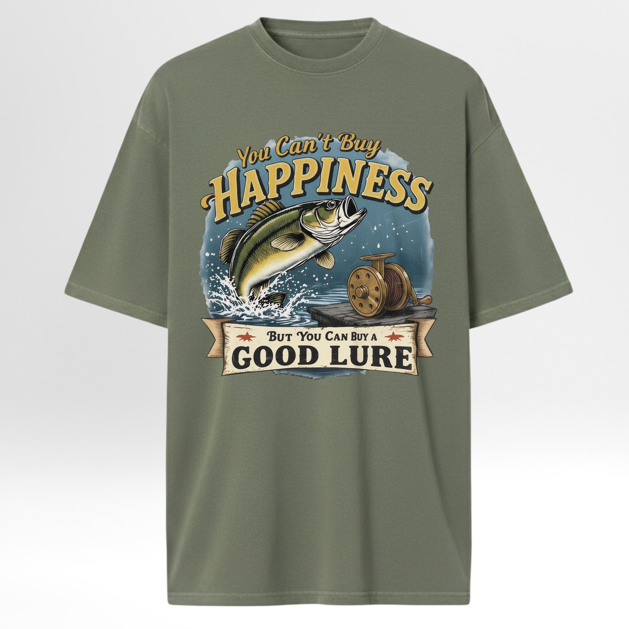 Green fishing t-shirt with fishing graphic and text 'You Can't Buy Happiness But You Can Buy A Good Lure'.