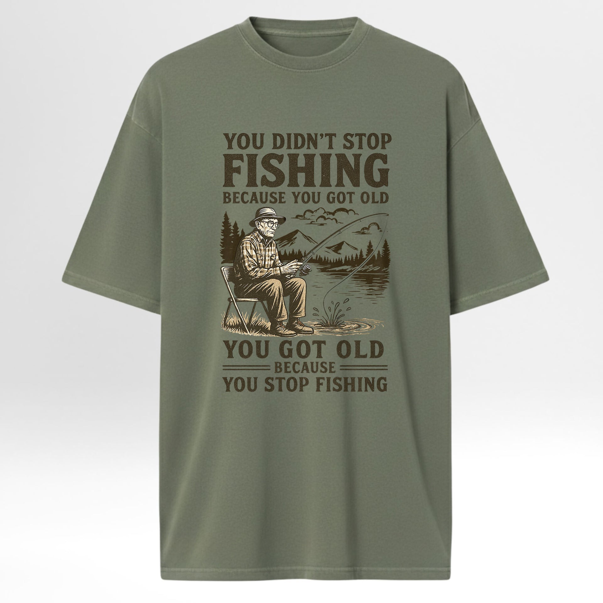 Green fishing t-shirt with fishing graphic and text.