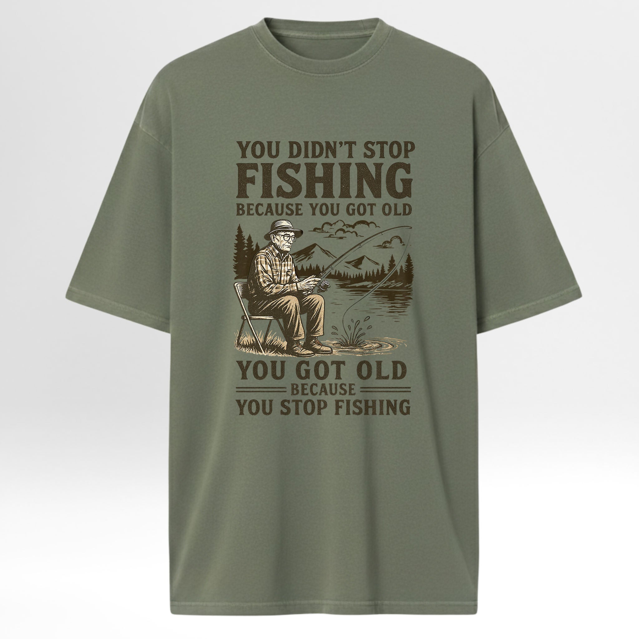 Green fishing t-shirt with fishing graphic and text.