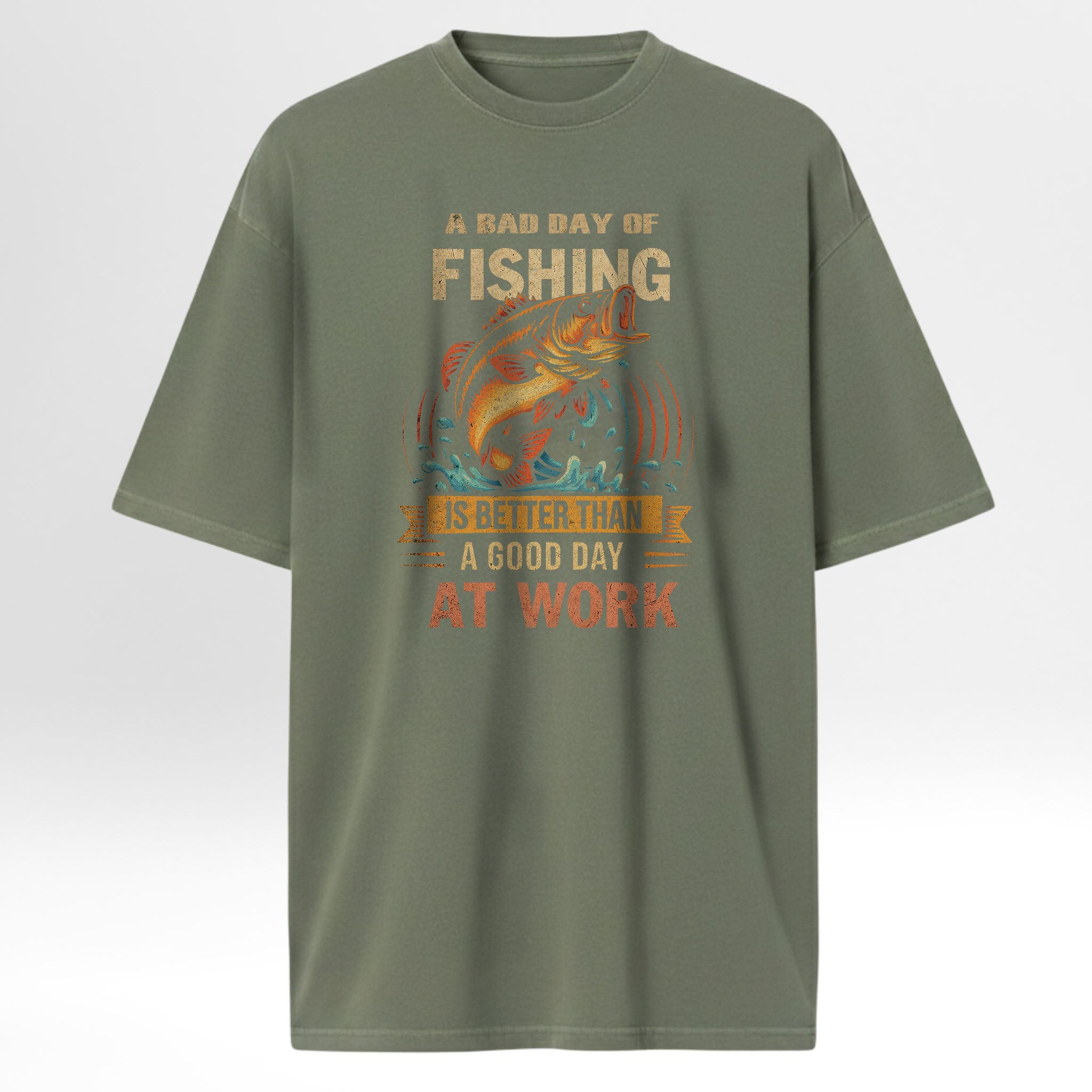 Green fishing t-shirt with fishing graphic and text 'A Bad Day Fishing Is Better Than A Good Day At Work'.