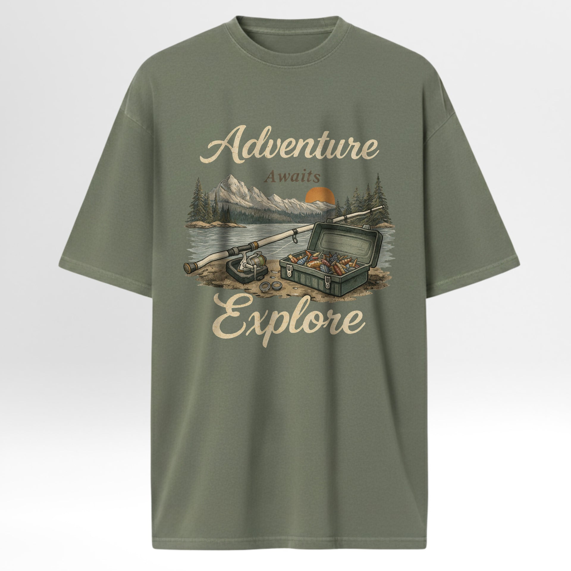 Green fishing t-shirt with 'Adventure Awaits Explore' graphic on a white background
