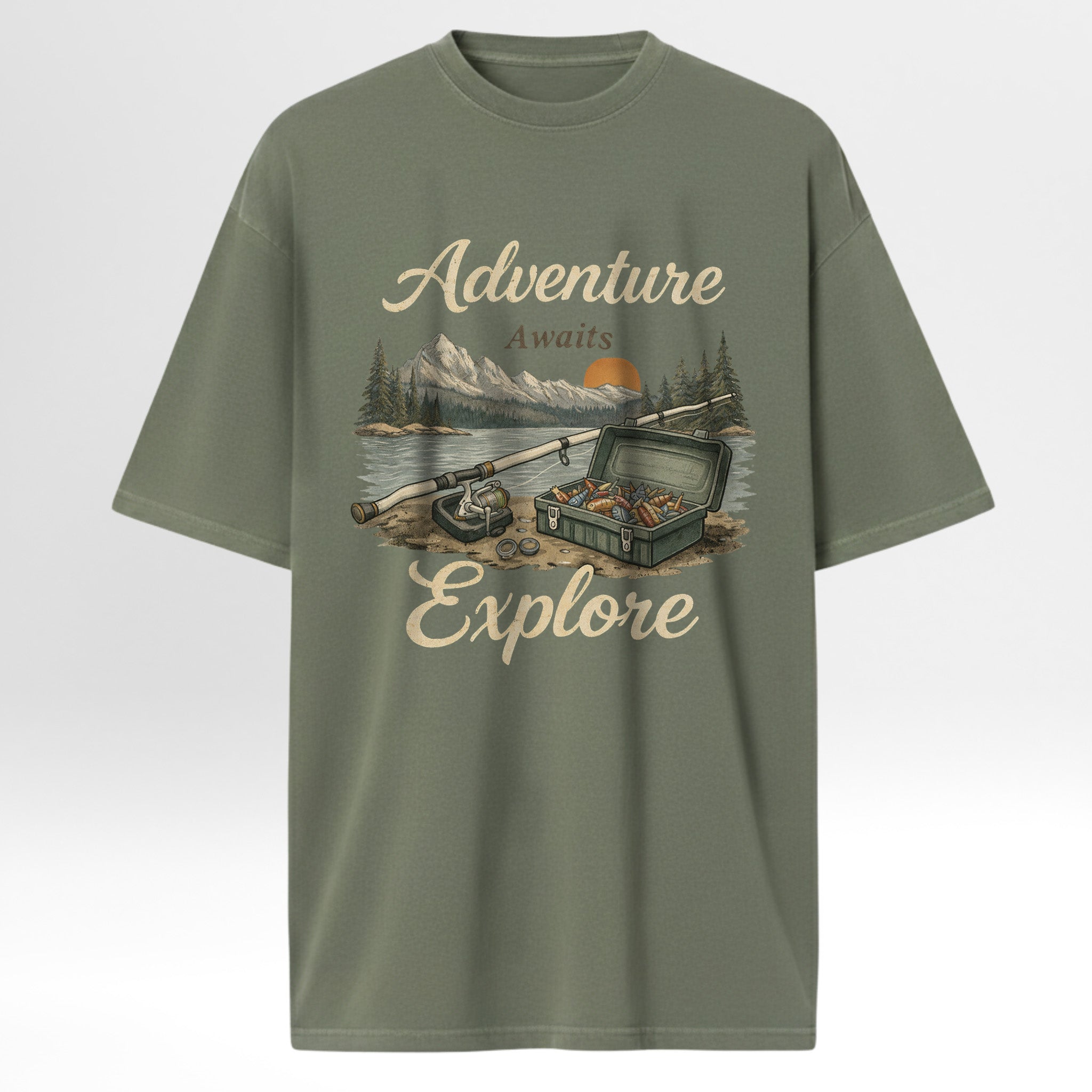 Green fishing t-shirt with 'Adventure Awaits Explore' graphic on a white background
