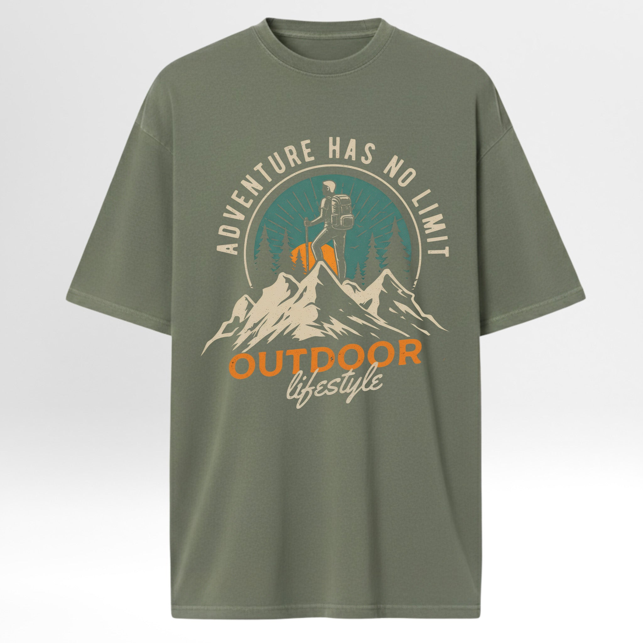 Green trail graphic t-shirt with outdoor-themed graphic and text on a light gray background
