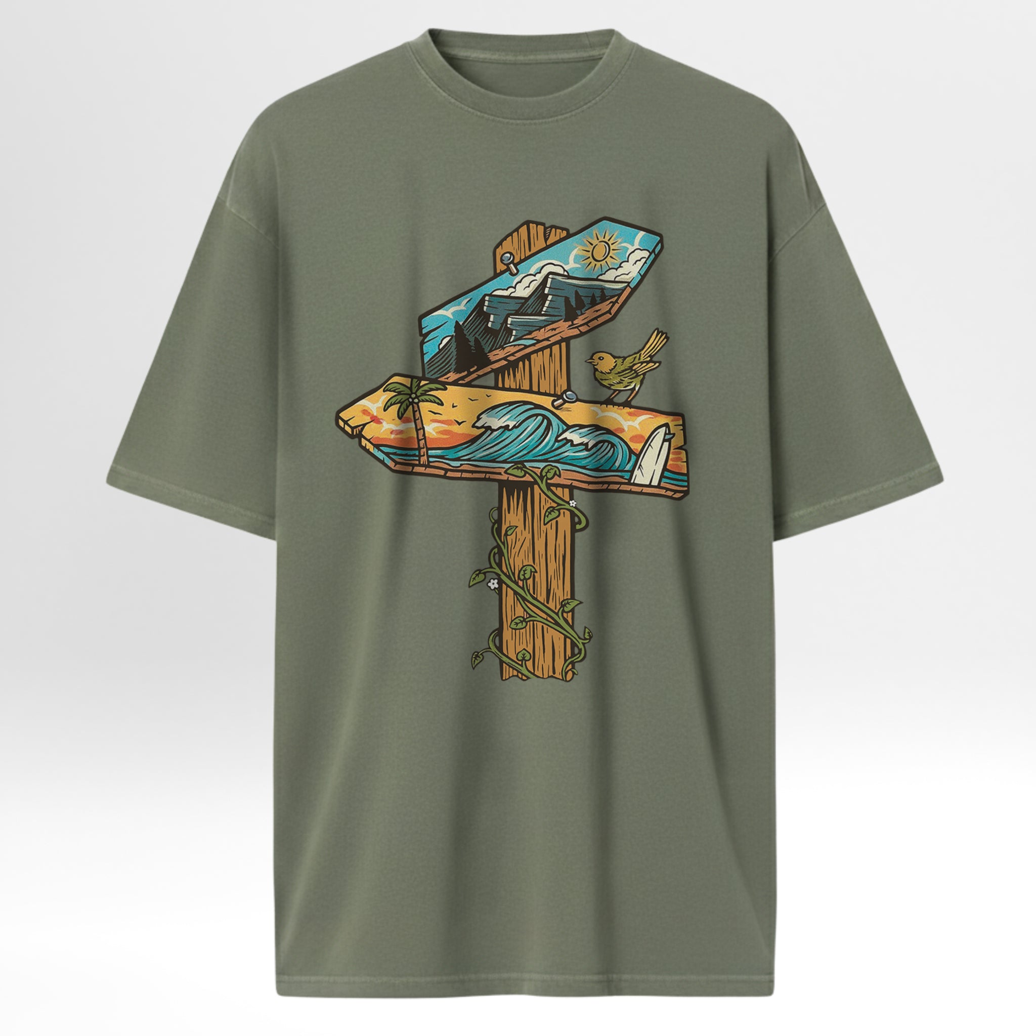 Green t-shirt with a wooden sign graphic featuring nature elements on a light gray background