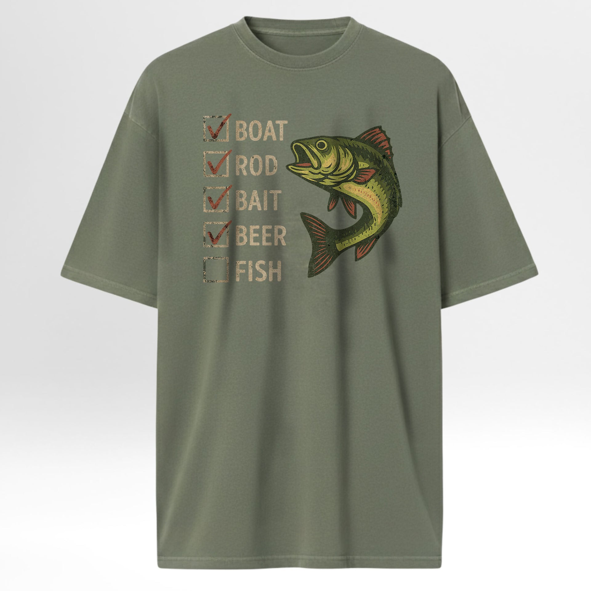 Green fishing t-shirt with fishing-themed graphic and text 'Boat Rod Bait Beer Fish'.