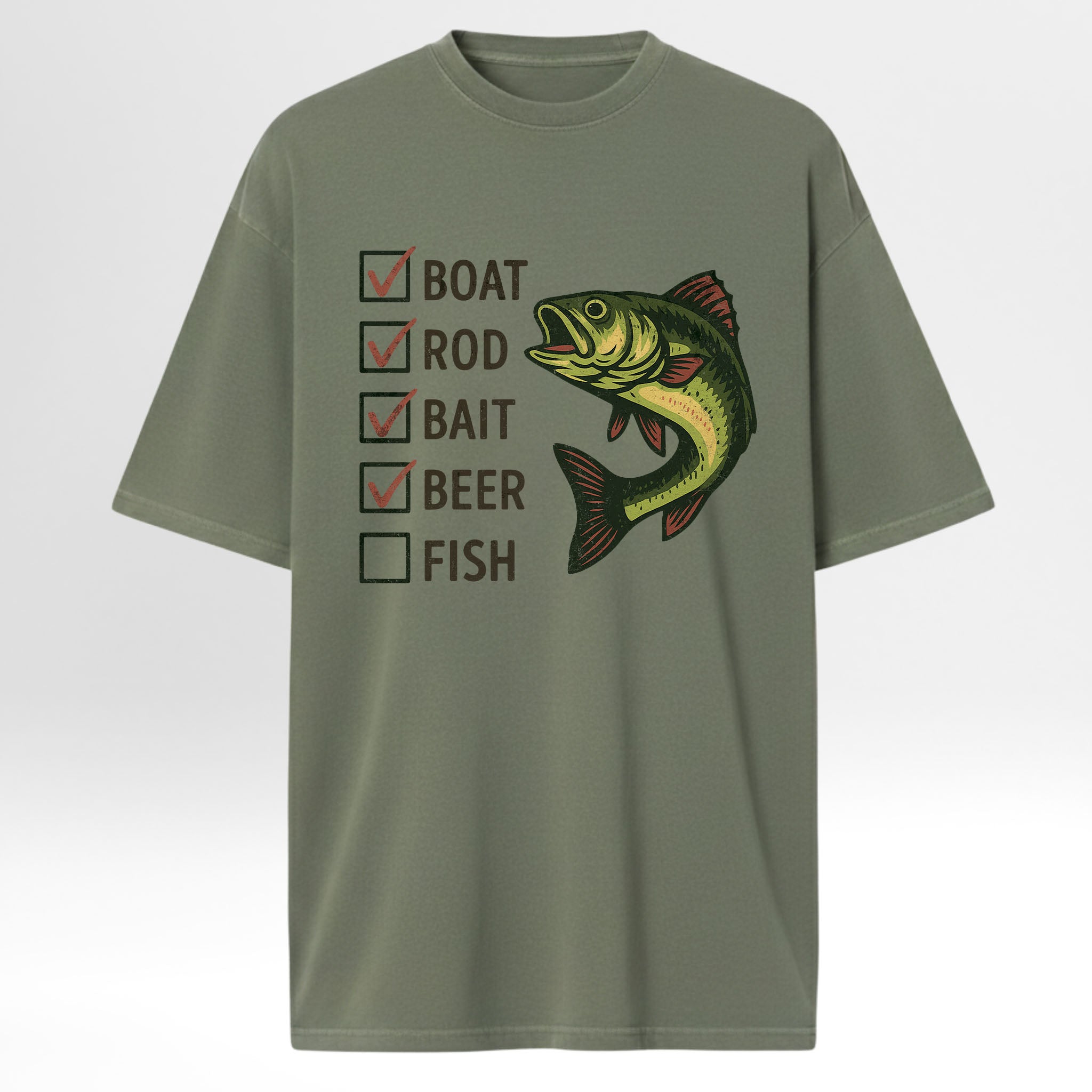 Green fishing graphic t-shirt with fishing-themed graphic and text on a white background