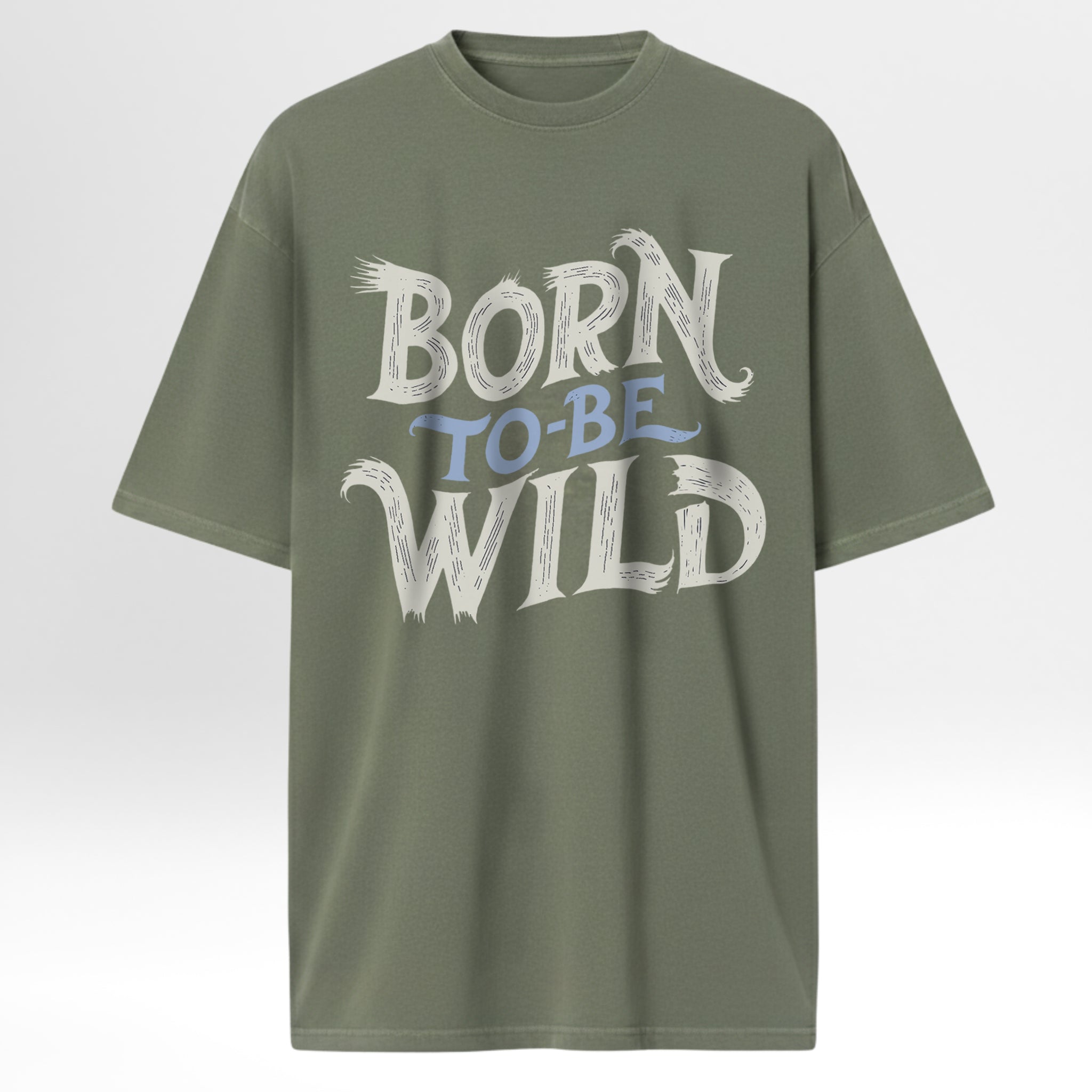 Green t-shirt with 'Born to be Wild' text on a light gray background