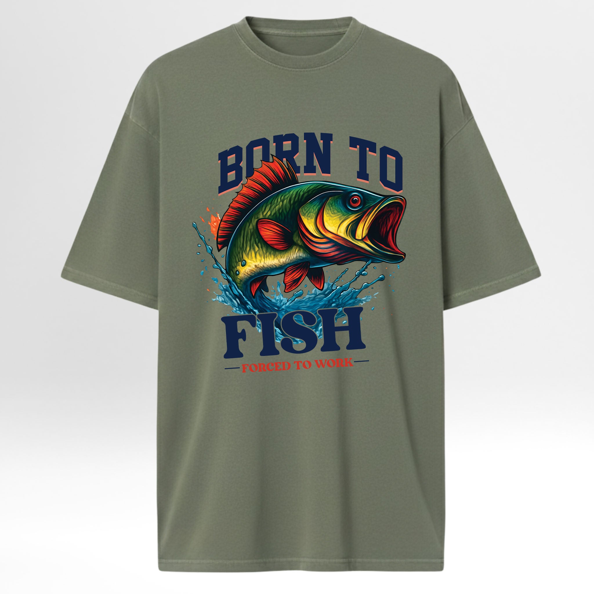 Green fishing graphic t-shirt with a colorful fish graphic and text 'Born To Fish Forced To Work'