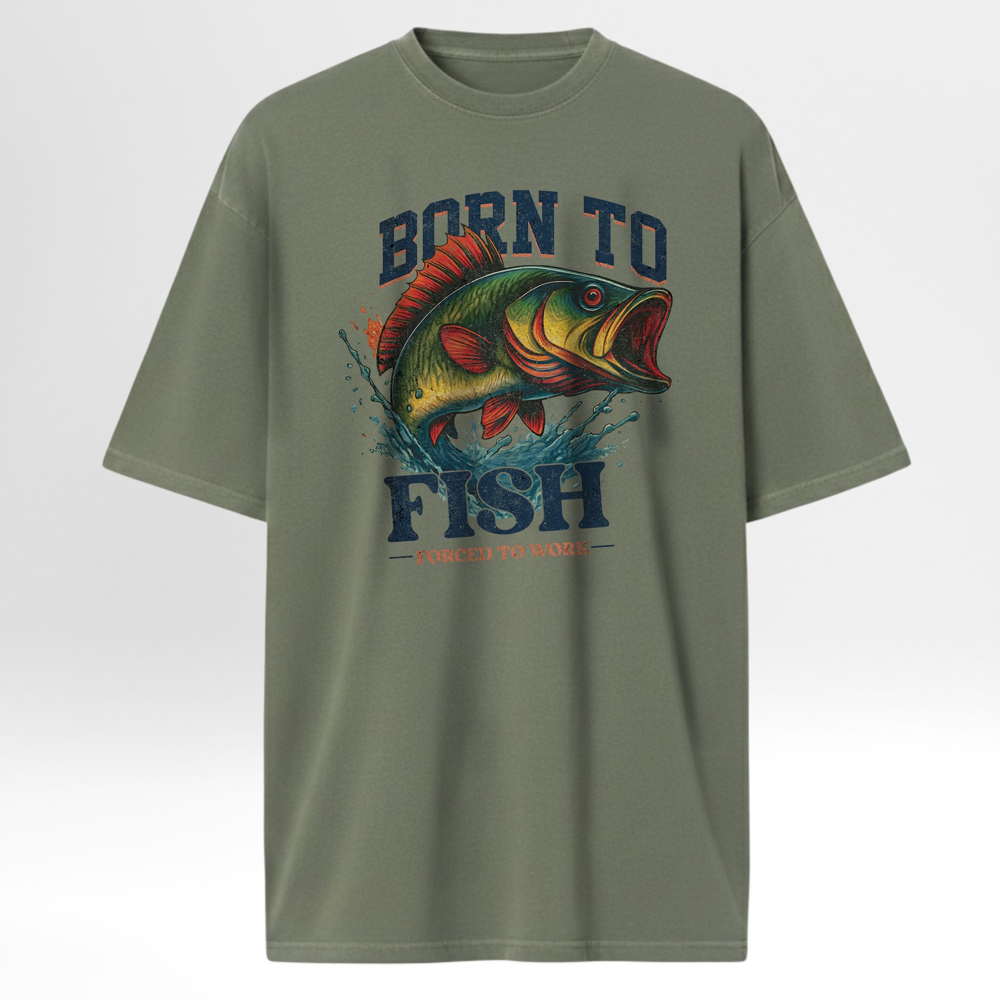 Green fishing t-shirt with a fish graphic and text 'Born To Fish Forced To Work'