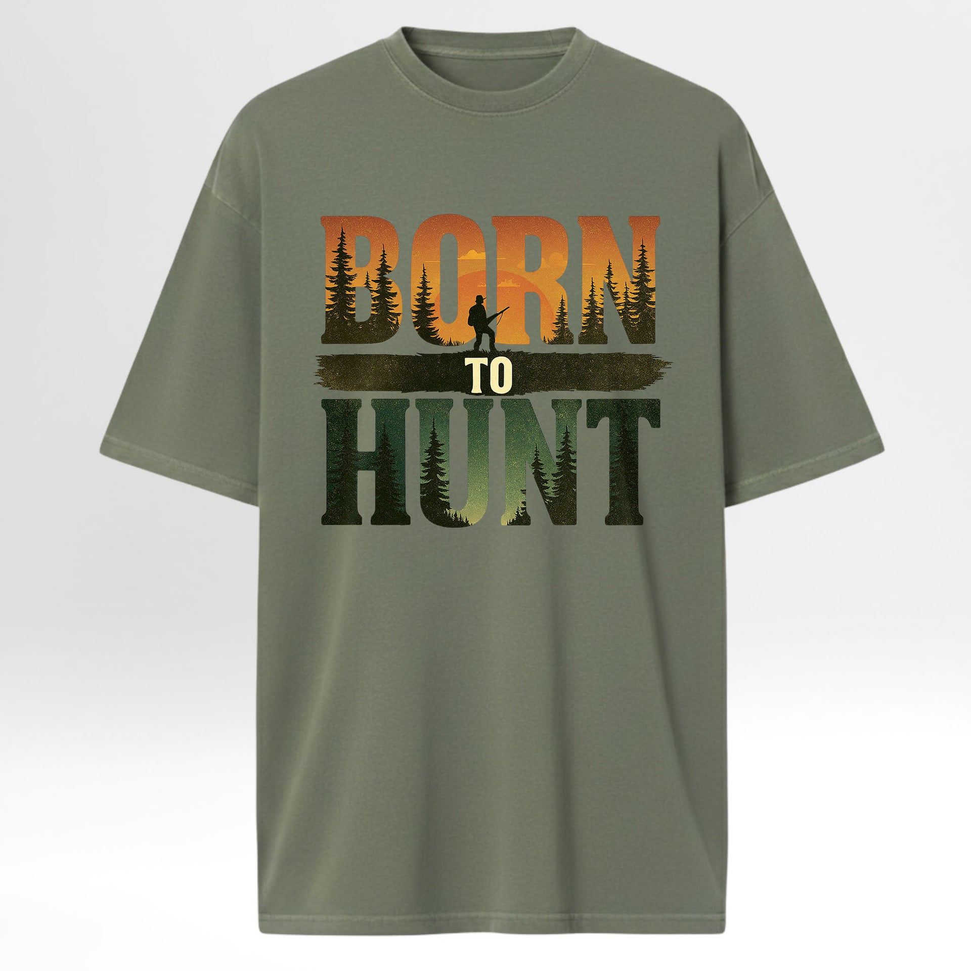 Green hunting graphic t-shirt with 'Born to Hunt' graphic design on a white background