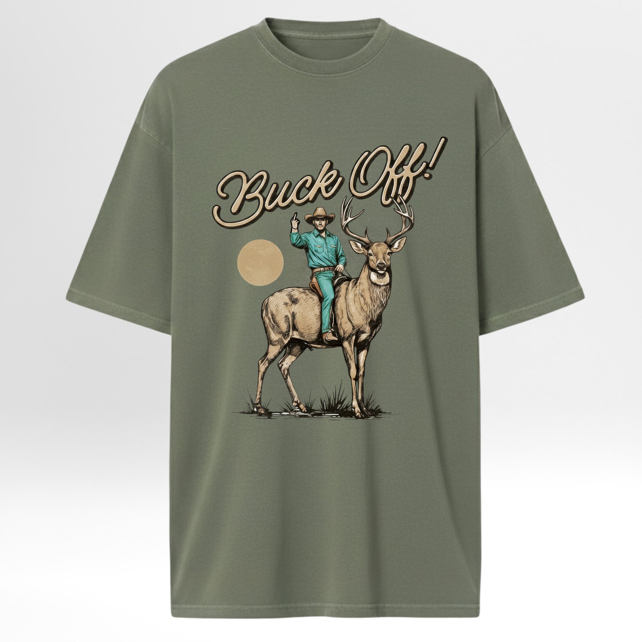Green hunting graphic t-shirt with a graphic of a man on a deer and 'Buck Off!' text on a white background