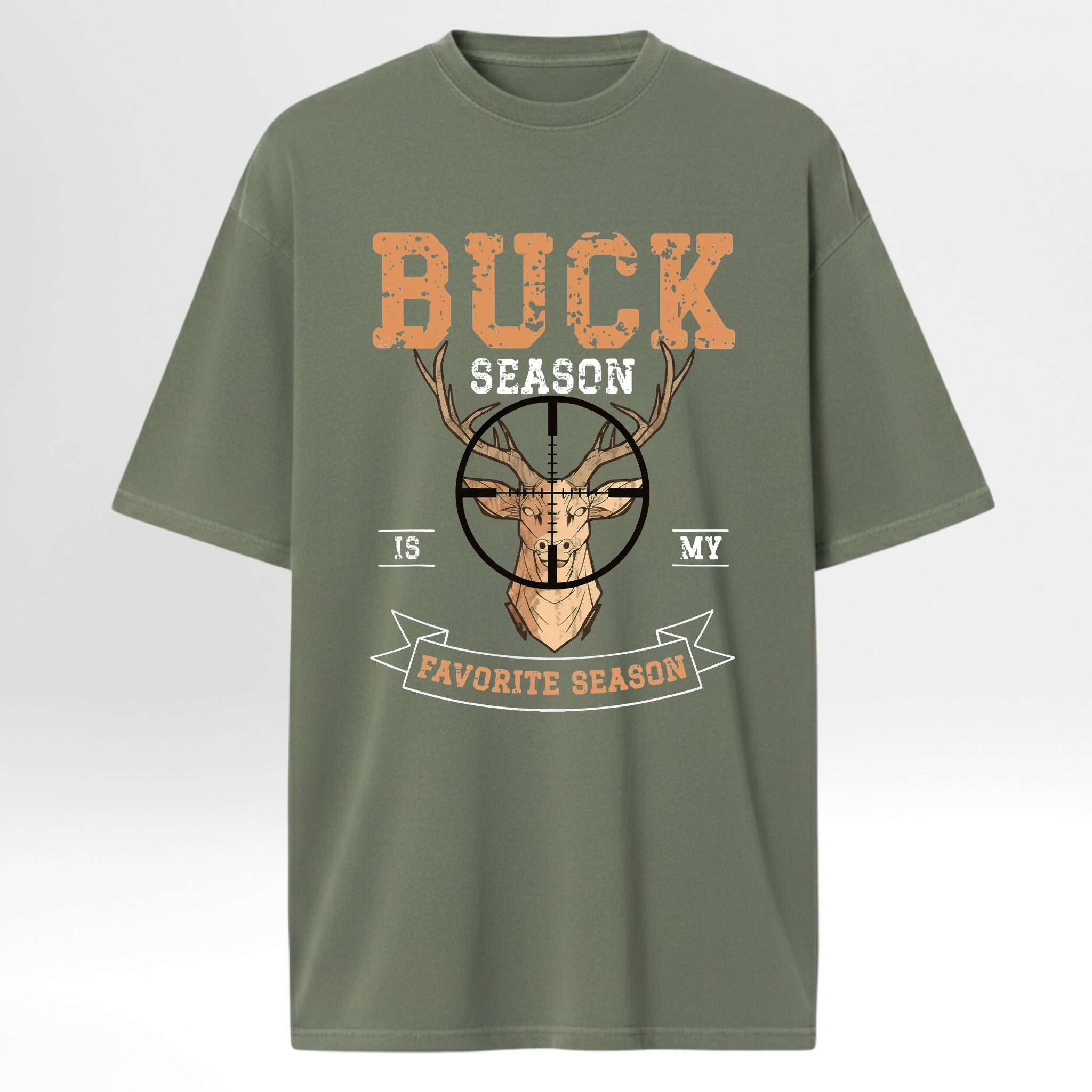 Green hunting graphic t-shirt with hunting-themed graphic and text on a white background