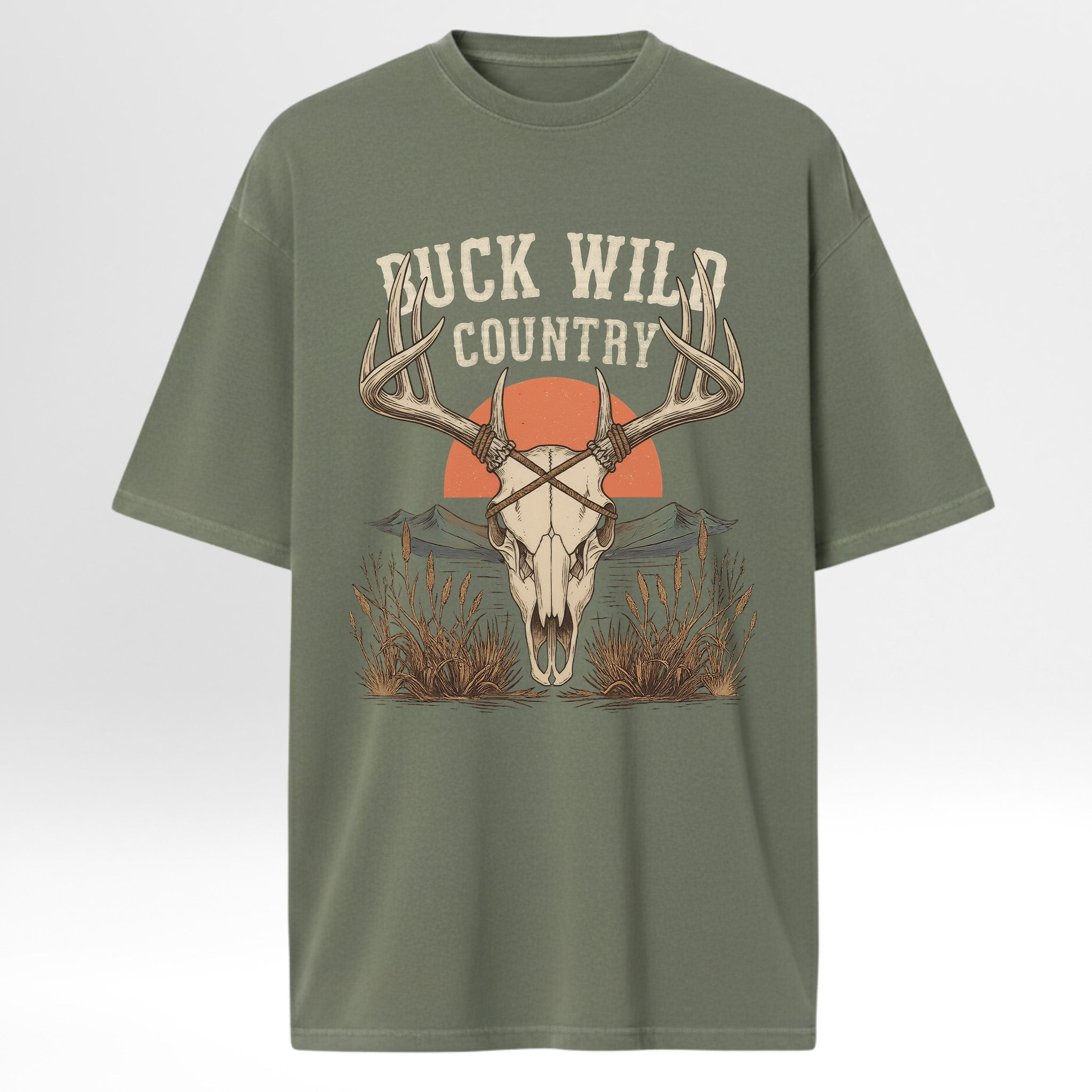 Green hunting graphic t-shirt with a graphic of a deer skull and 'Buck Wild Country' text on a white background