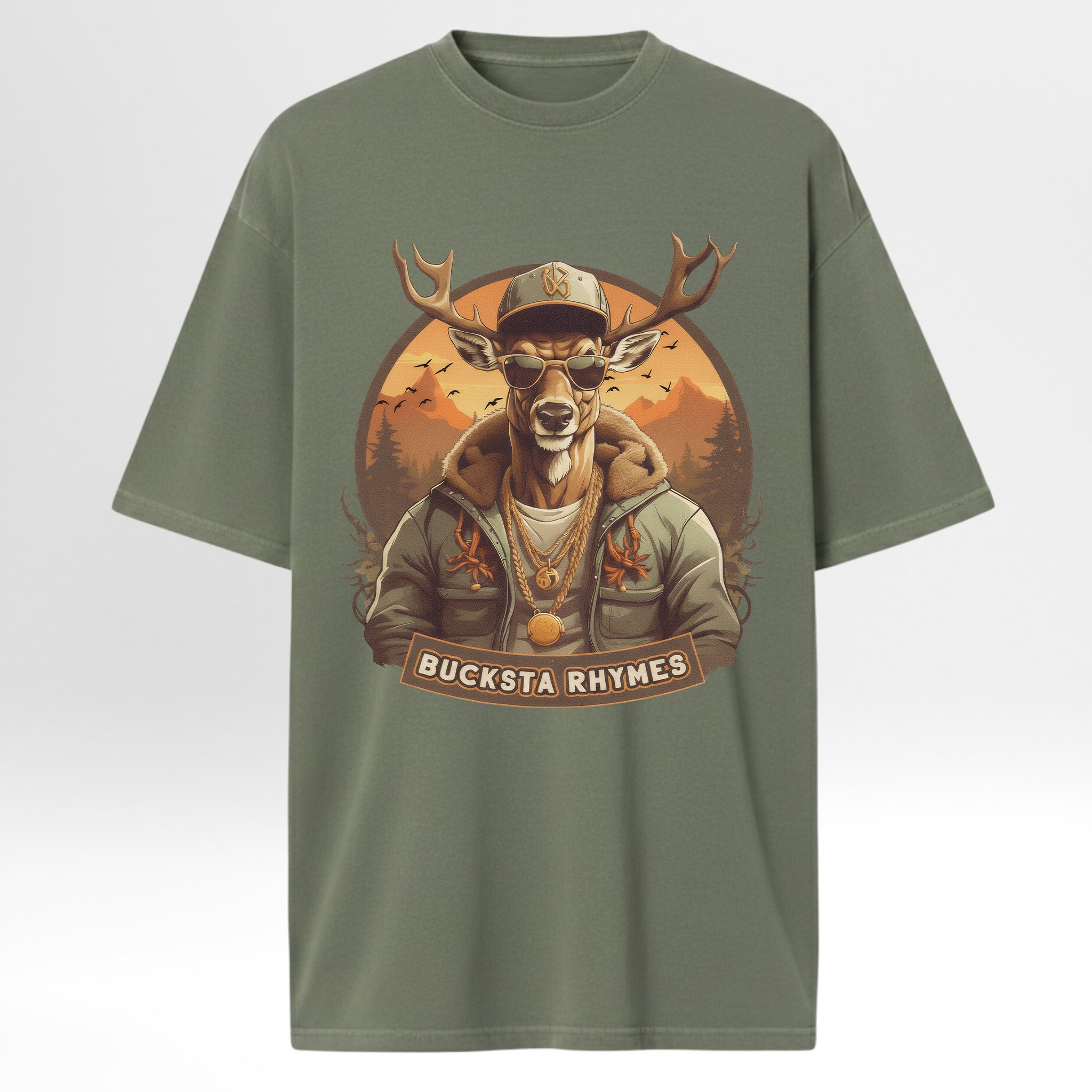 Green hunting graphic t-shirt with a graphic of a deer wearing sunglasses and a cap, with 'Bucksta Rhymes' text.