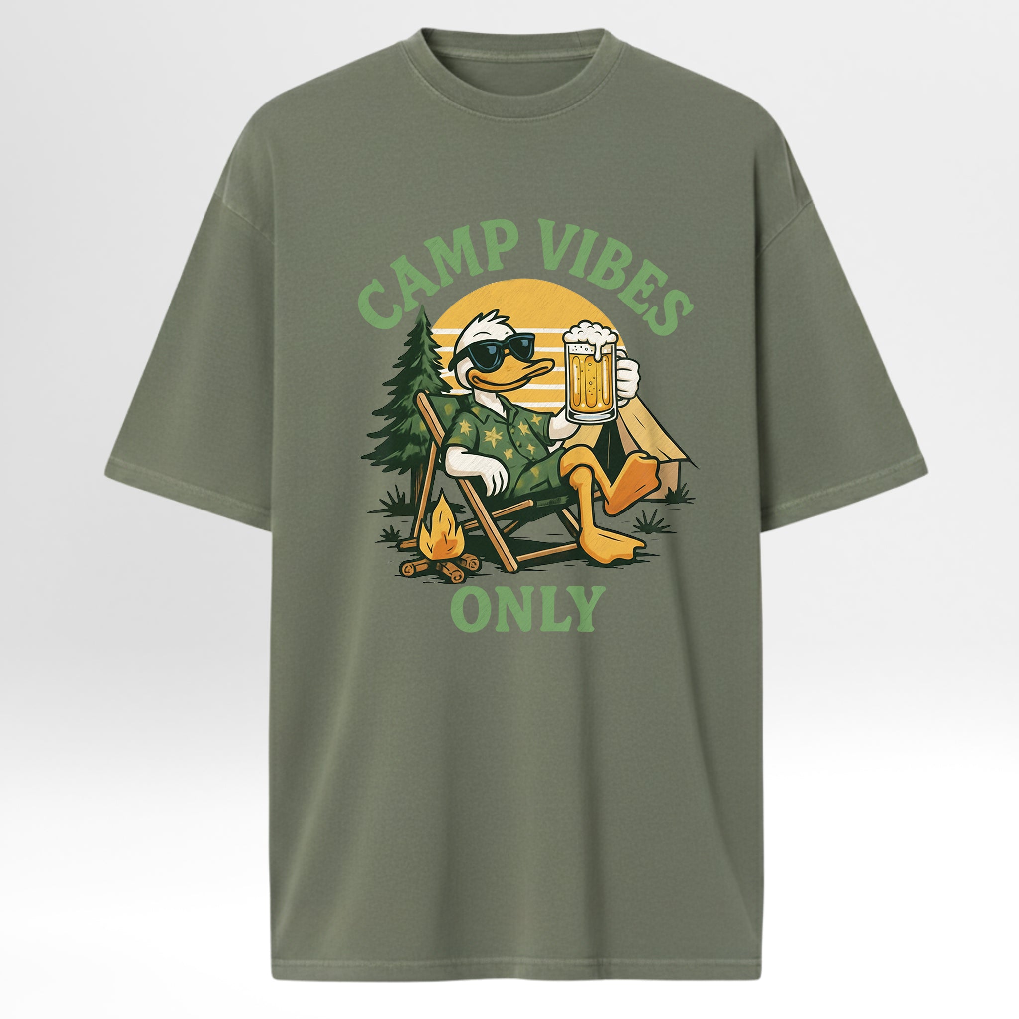Green camping graphic t-shirt with a cartoon duck holding a beer and 'Camp Vibes Only' text on a white background