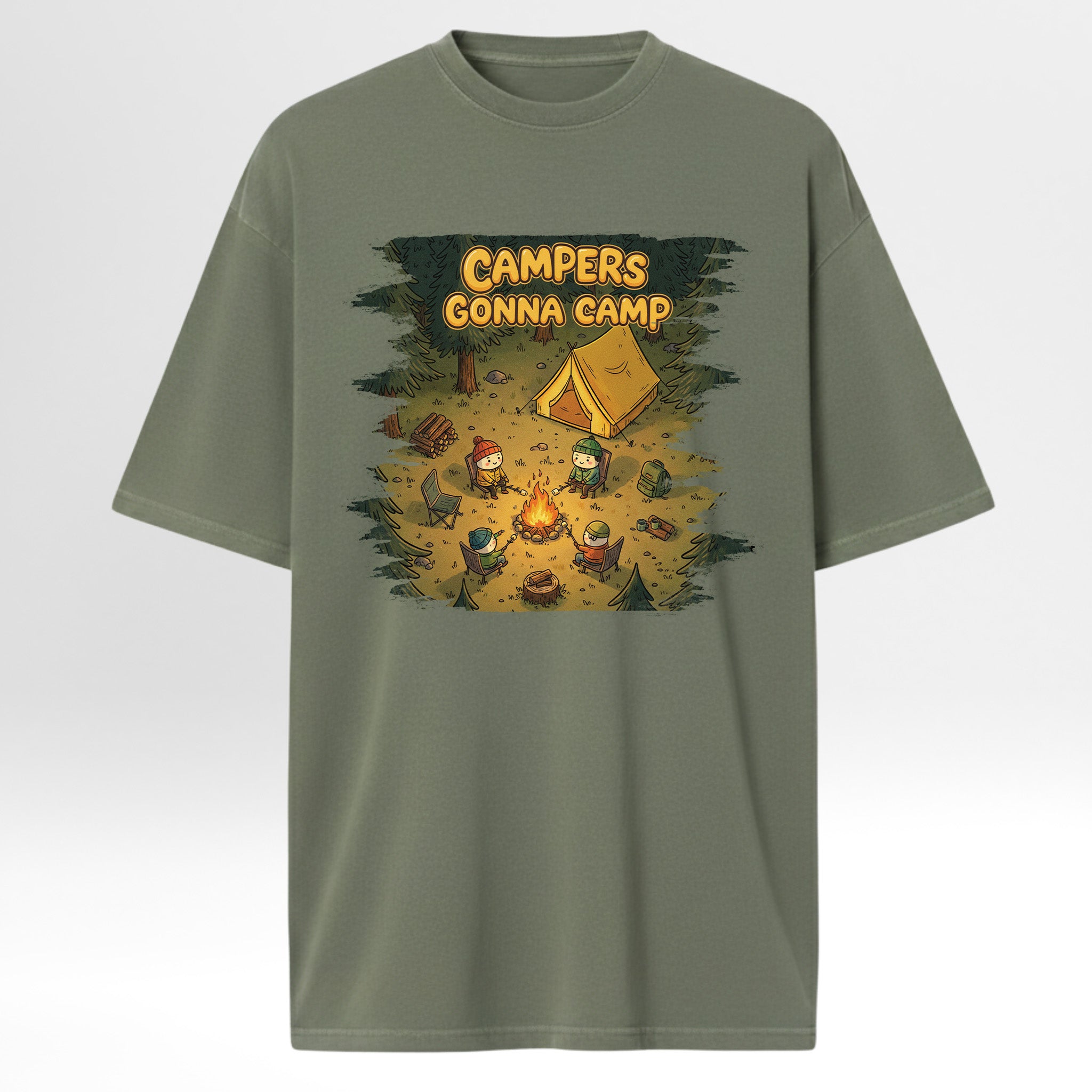 Green camping graphic t-shirt with a camping graphic and text on a white background