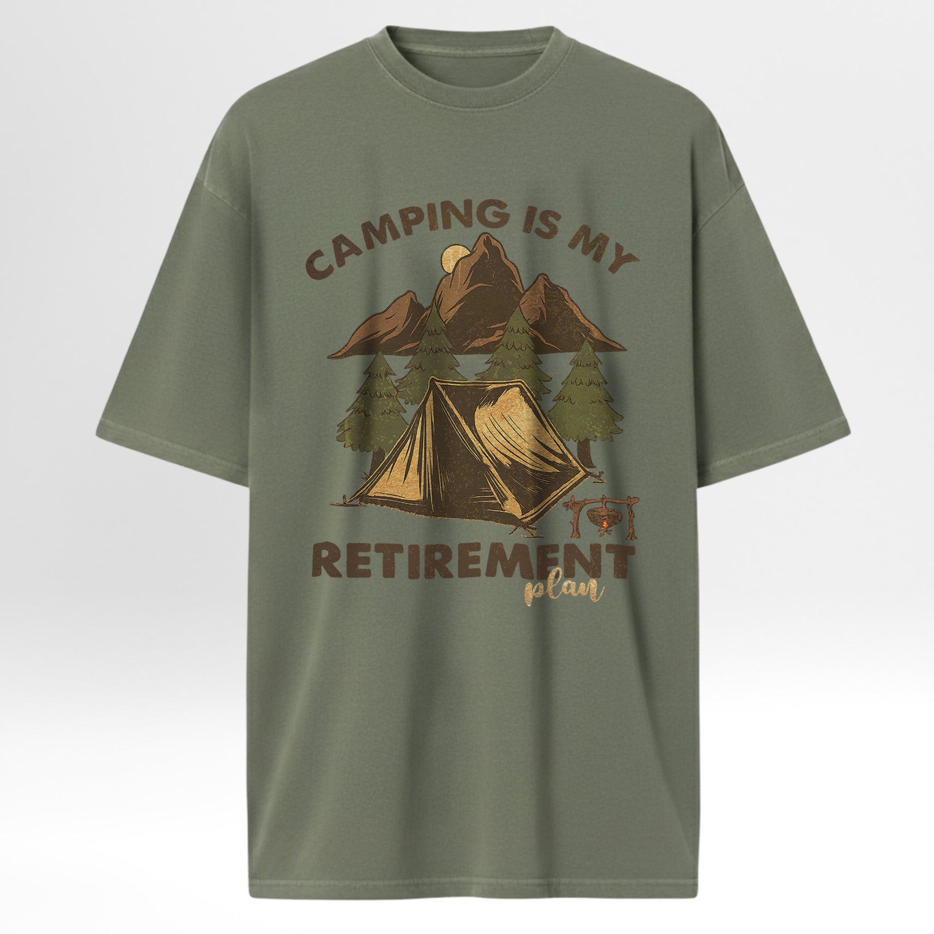 Green camping t-shirt with camping graphic and text 'Camping Is My Retirement Plan'