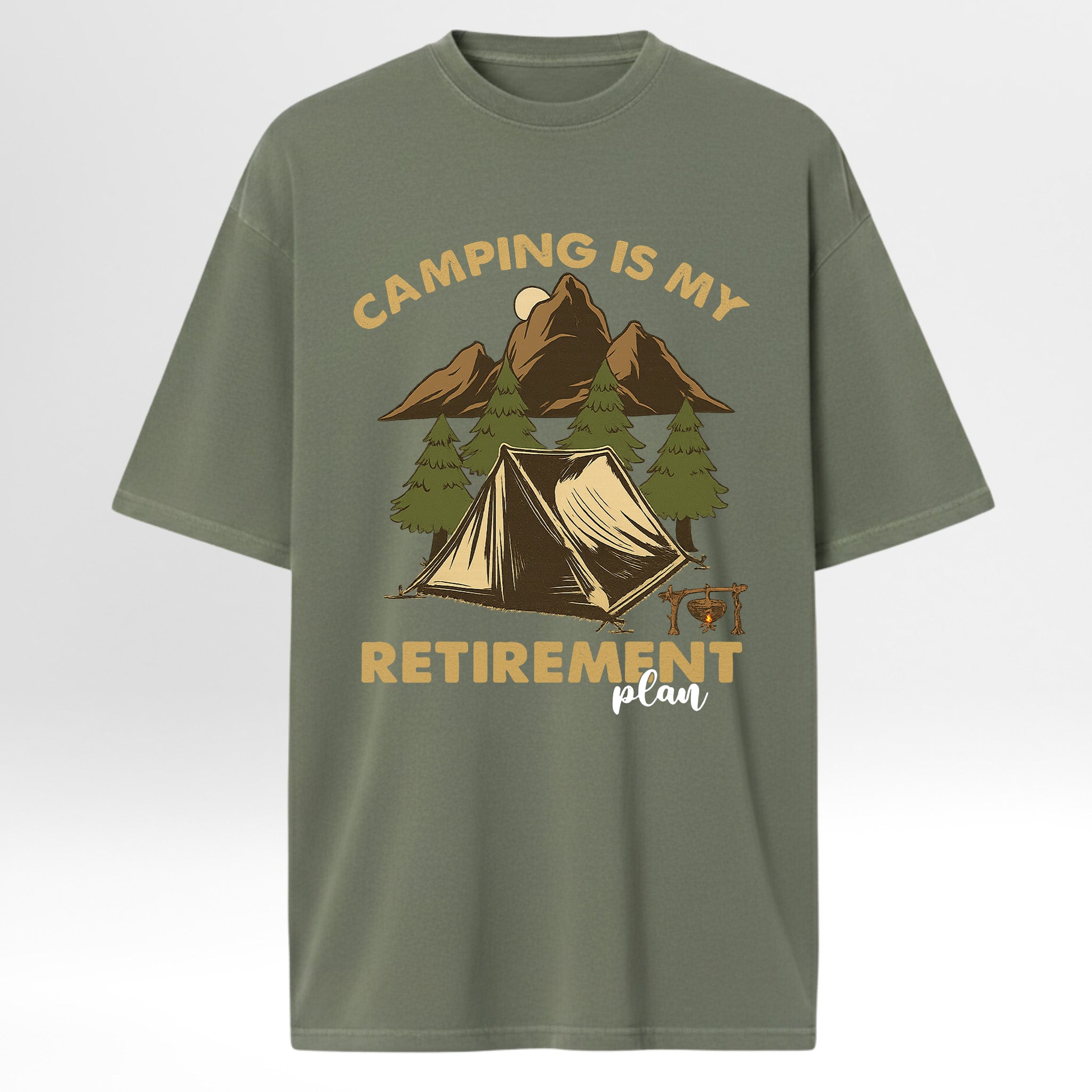 Green camping graphic t-shirt with camping graphic and text on a white background