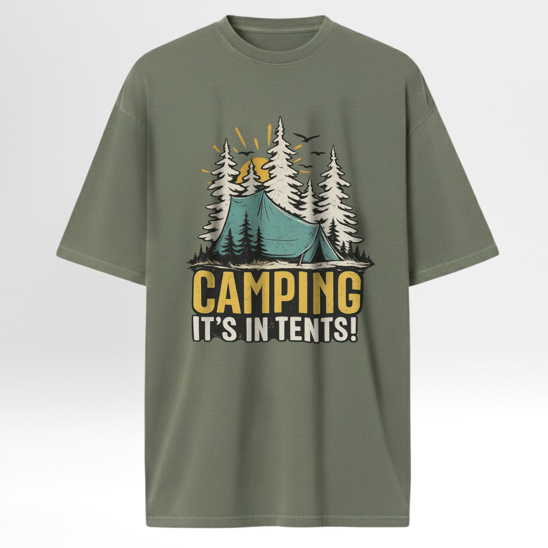 Green t-shirt with camping graphic and text on a green background