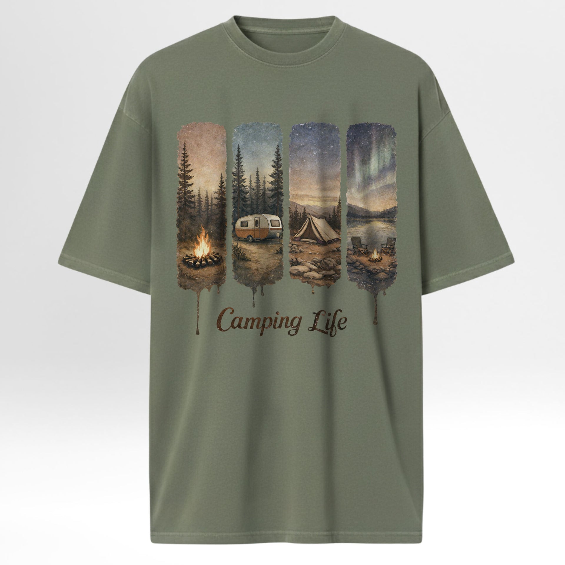 Green camping t-shirt with camping-themed graphic and 'Camping Life' text on a white background