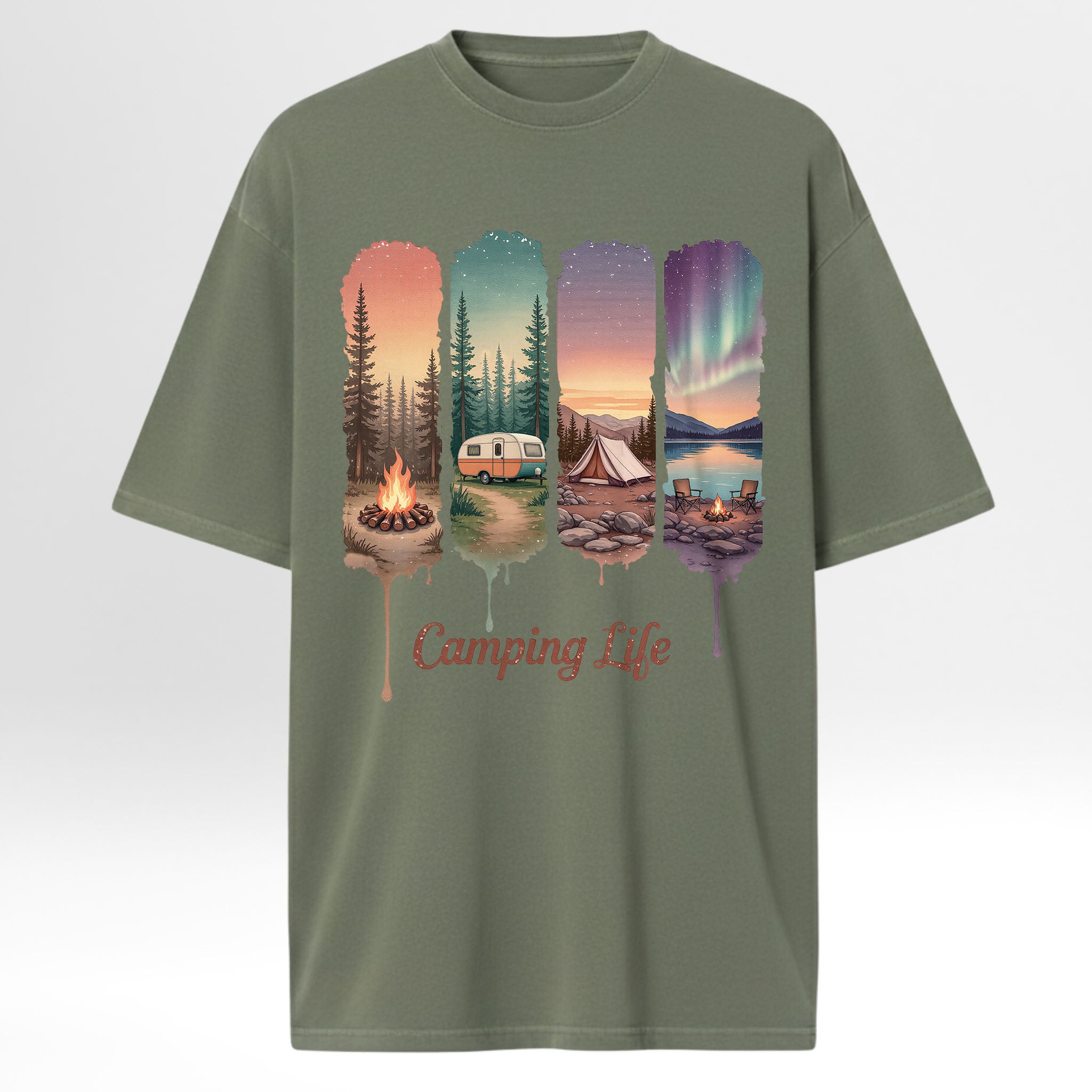 Green camping graphic t-shirt with camping-themed design on a white background