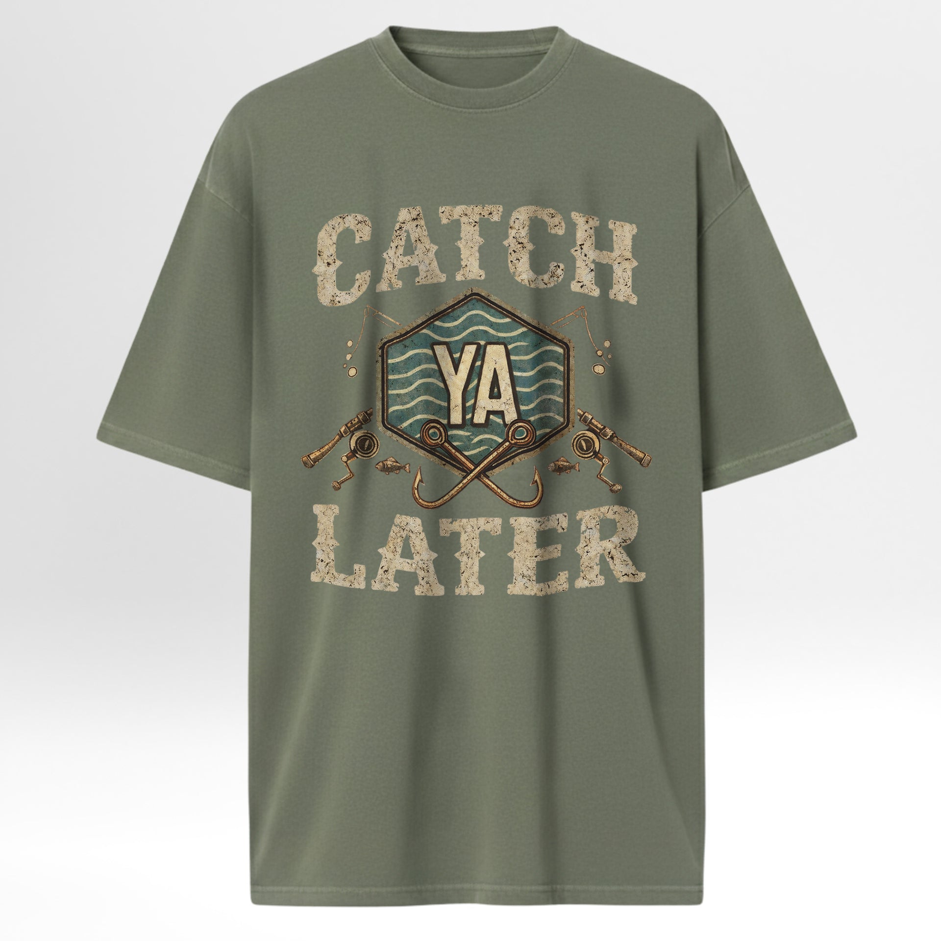 Green fishing t-shirt with 'Catch Ya Later' graphic design on a light gray background