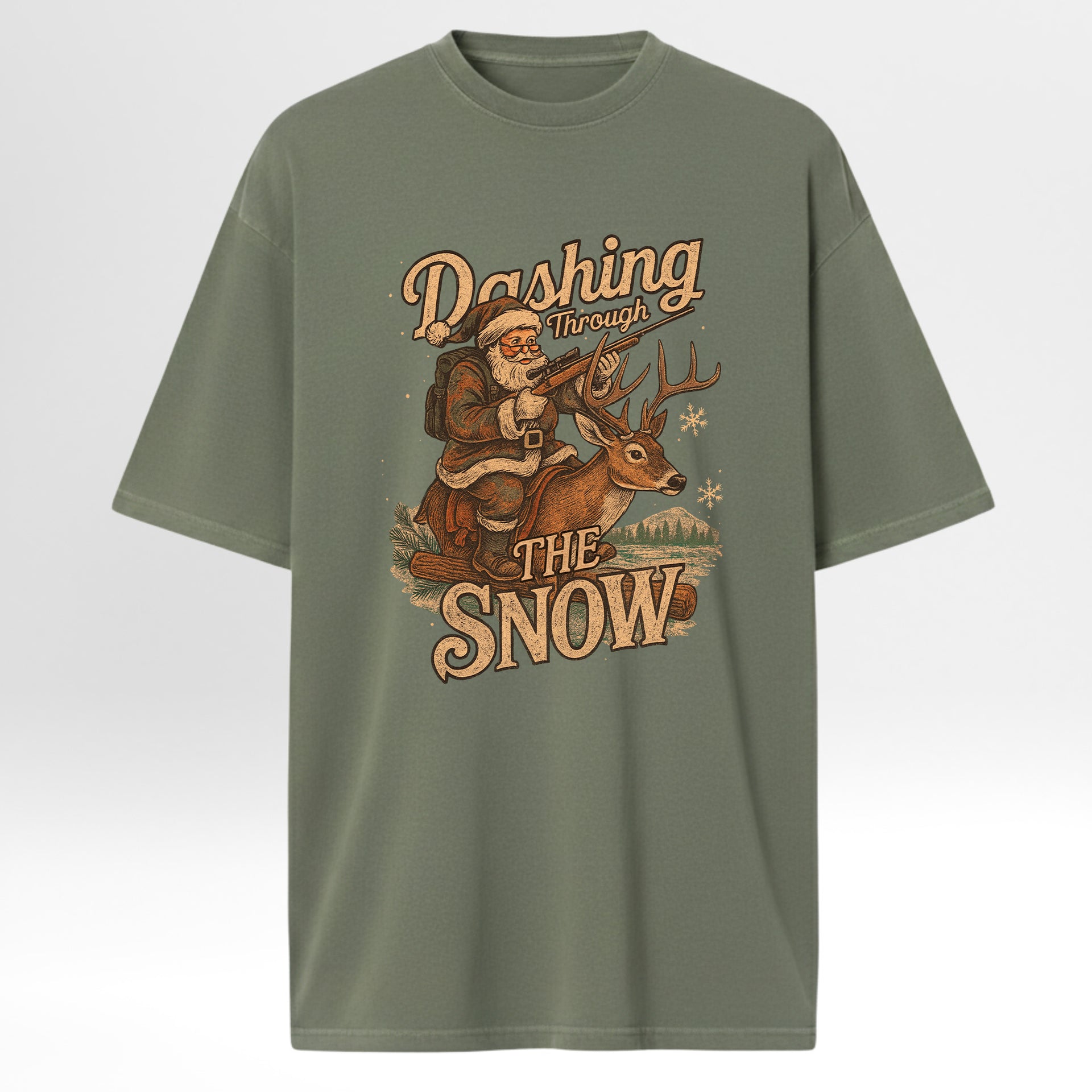 Green hunting graphic t-shirt with a graphic of Santa Claus and a deer, text 'Dashing Through The Snow'