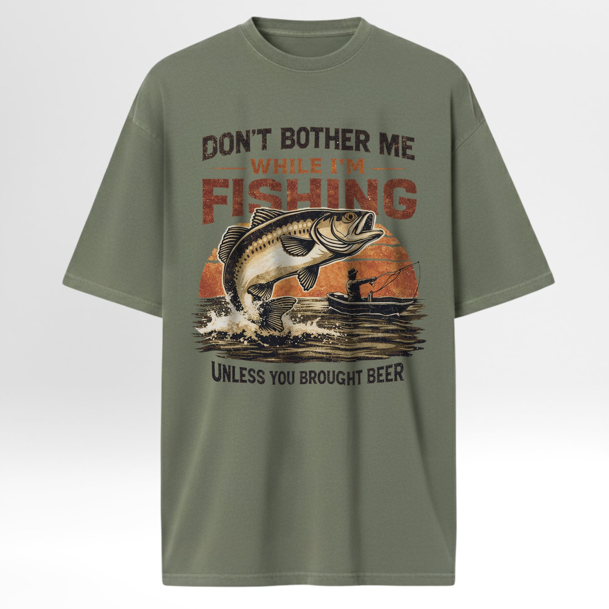 Green fishing t-shirt with fishing graphic and text 'Don't Bother Me While I'm Fishing Unless You Brought Beer'