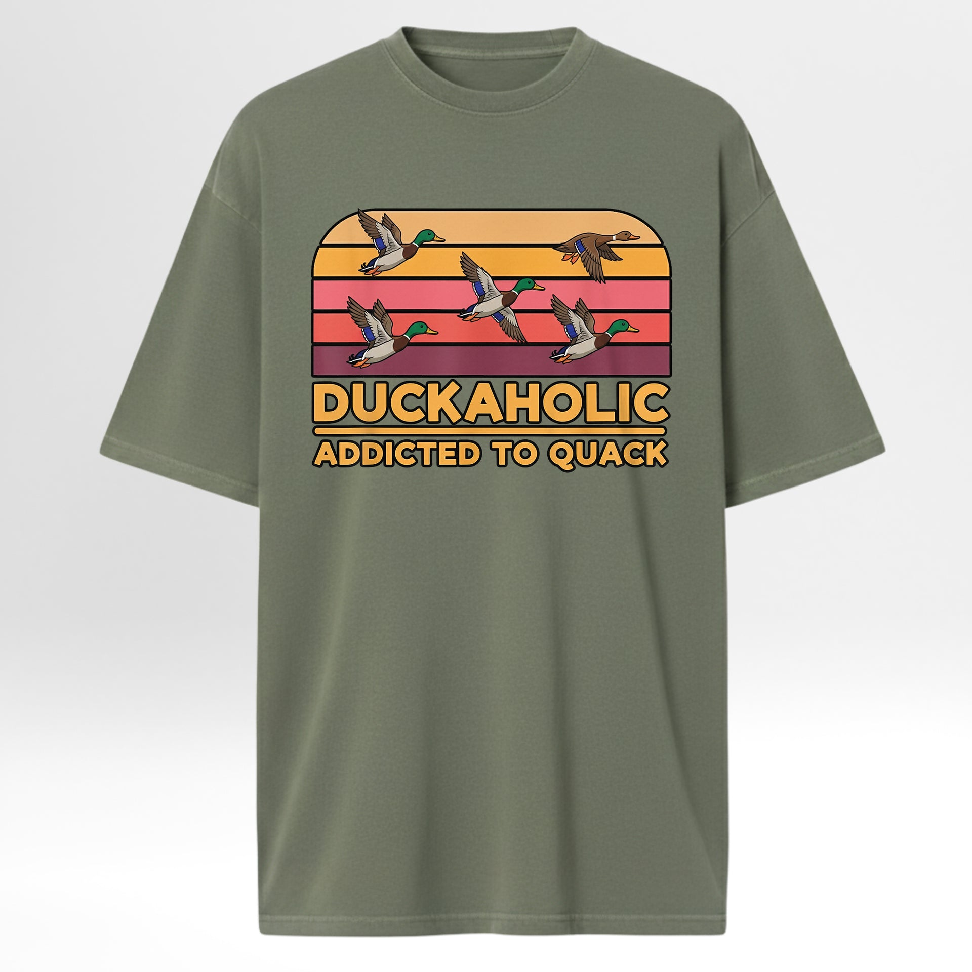 Green hunting graphic t-shirt with duck graphic and text on a white background