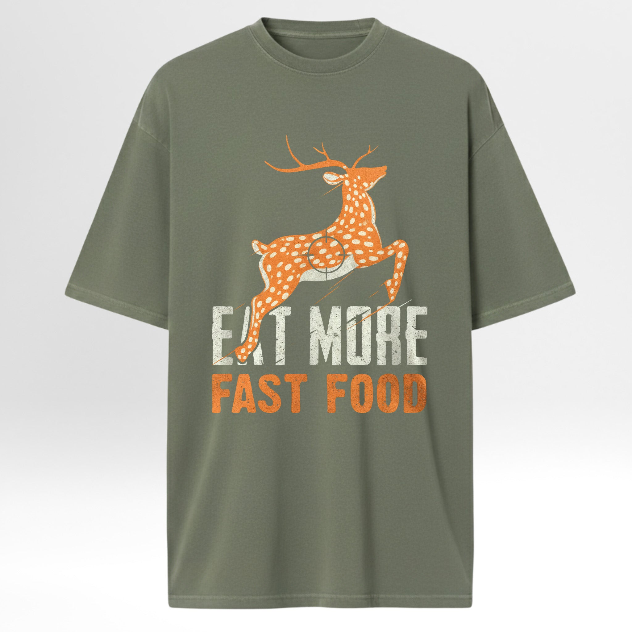Green hunting graphic t-shirt with a deer graphic and 'Eat More Fast Food' text on a white background