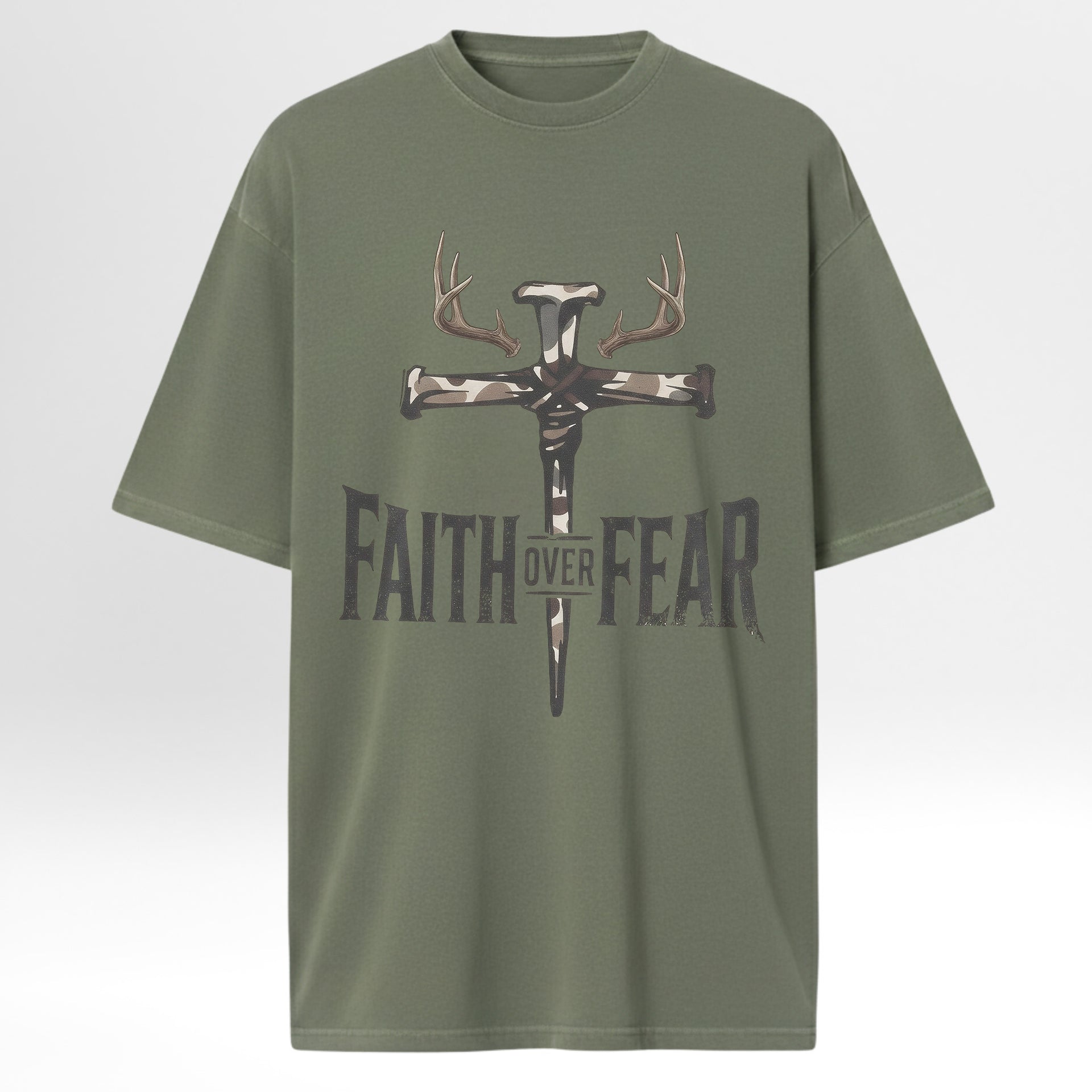 Green hunting graphic t-shirt with a cross and antlers graphic and 'Faith Over Fear' text on a white background