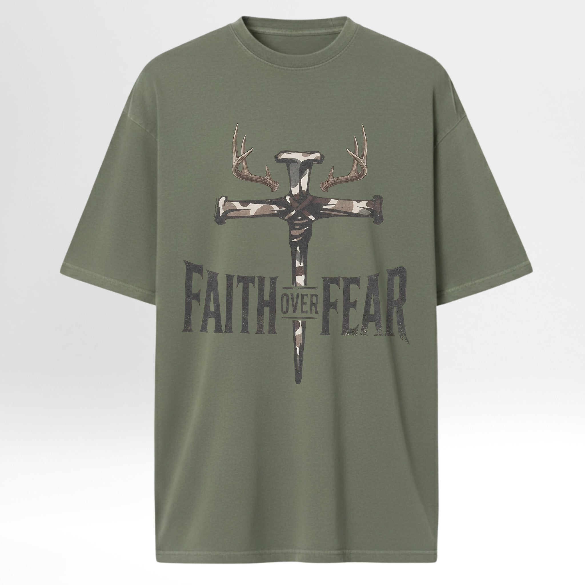 Green hunting graphic t-shirt with a cross and antlers graphic and 'Faith Over Fear' text on a white background