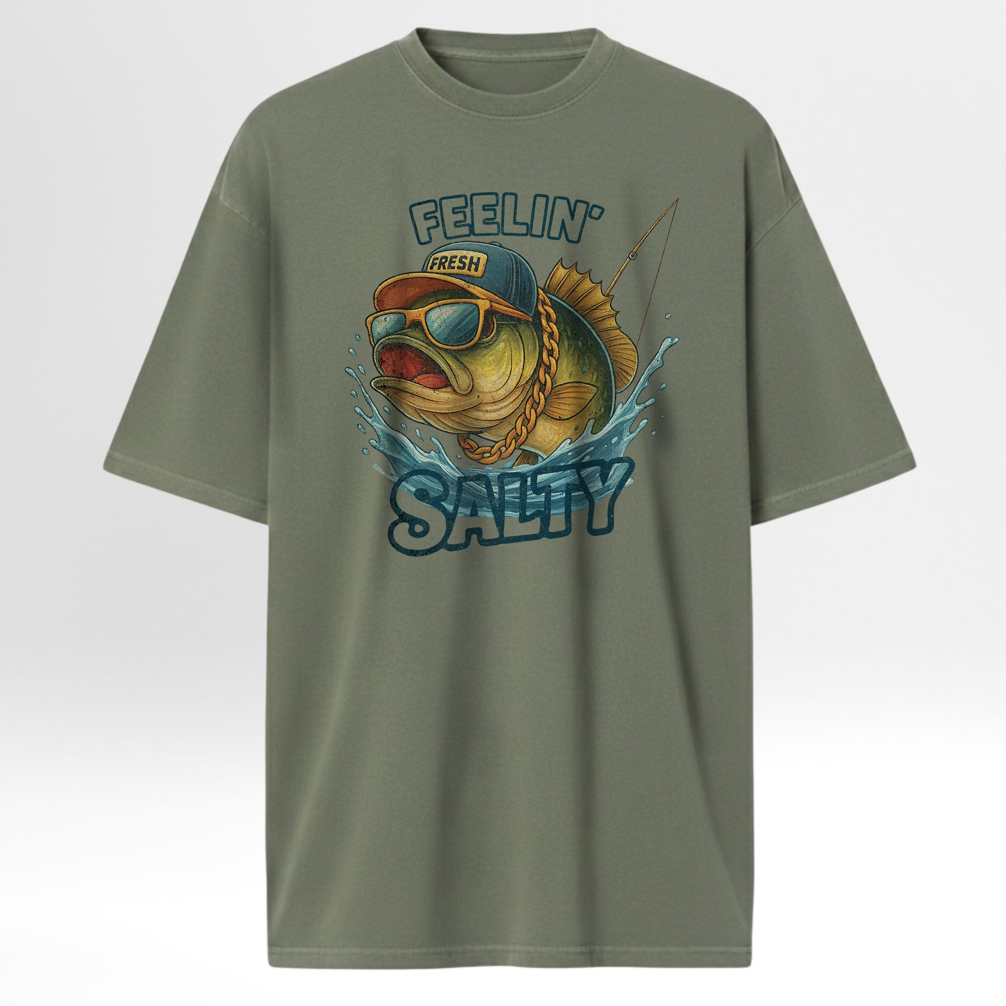 Green fishing t-shirt with fishing graphic and text 'Feeling Salty'.
