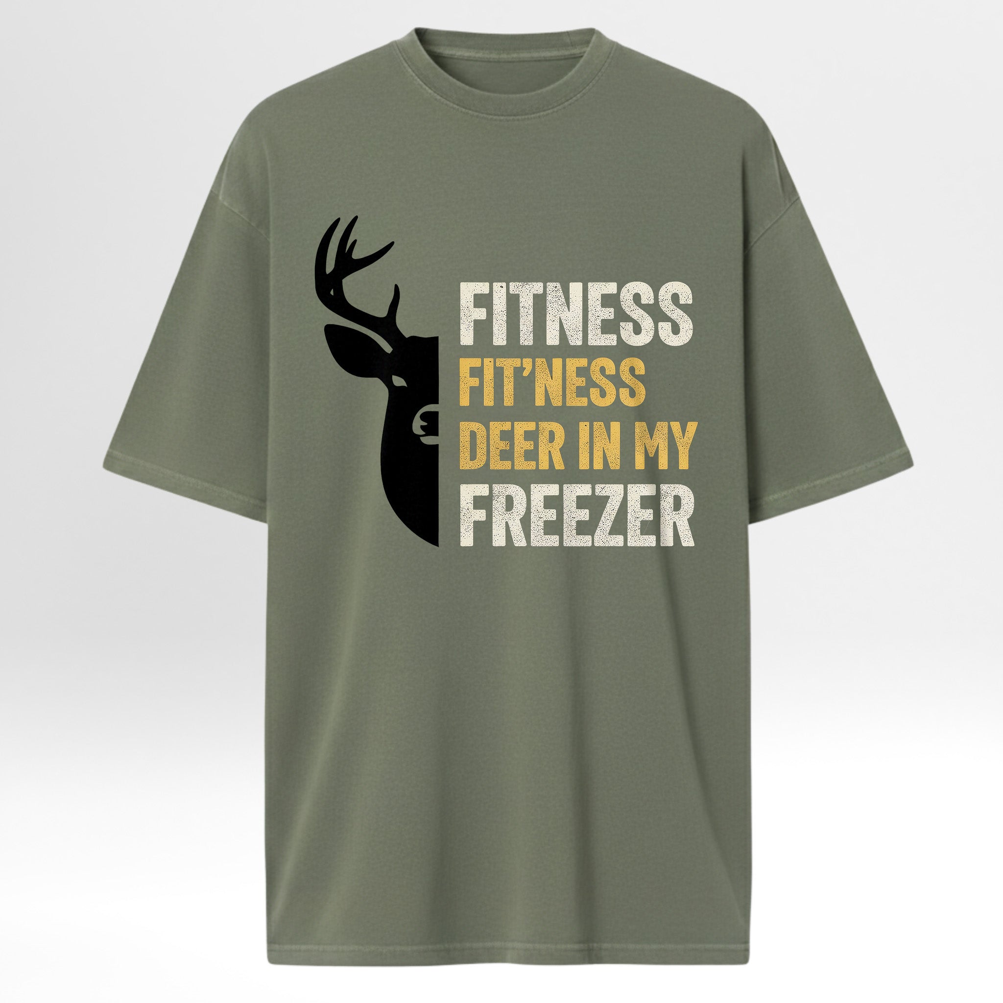 Green hunting graphic t-shirt with a graphic of a deer and text on a white background