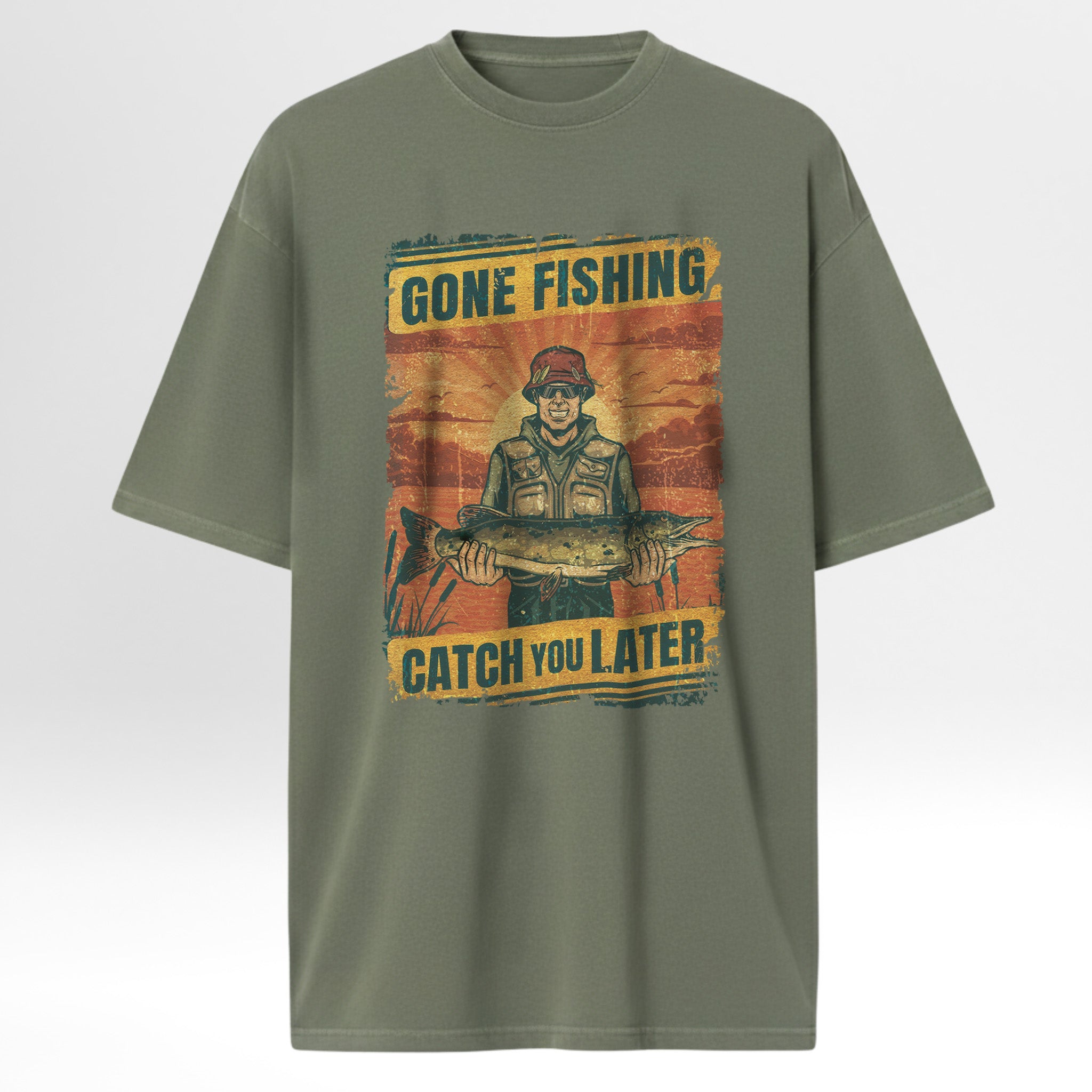 Green fishing t-shirt with a fishing graphic and text 'Gone Fishing Catch You Later'.