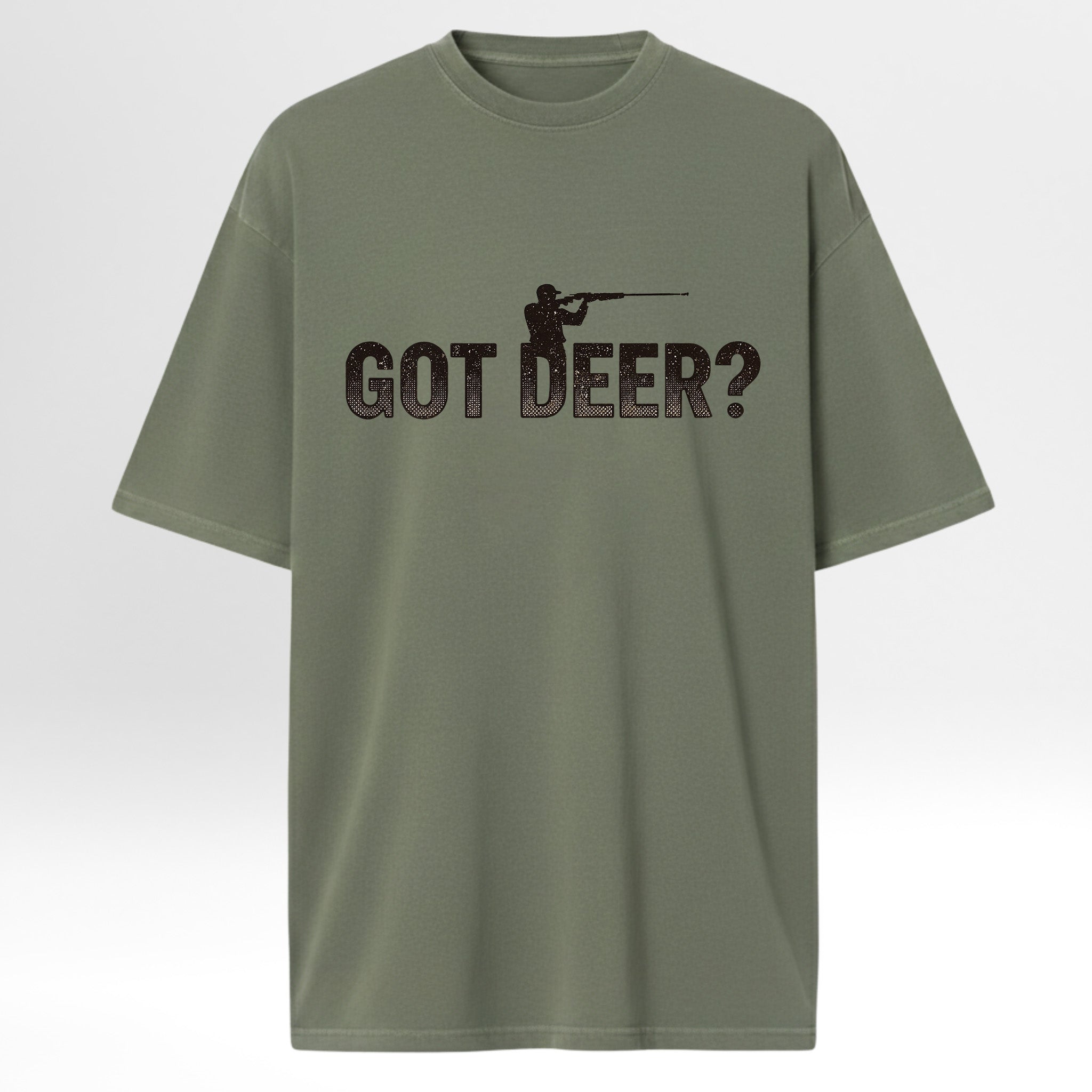 Green hunting graphic  t-shirt with 'GOT DEER?' text on a white background