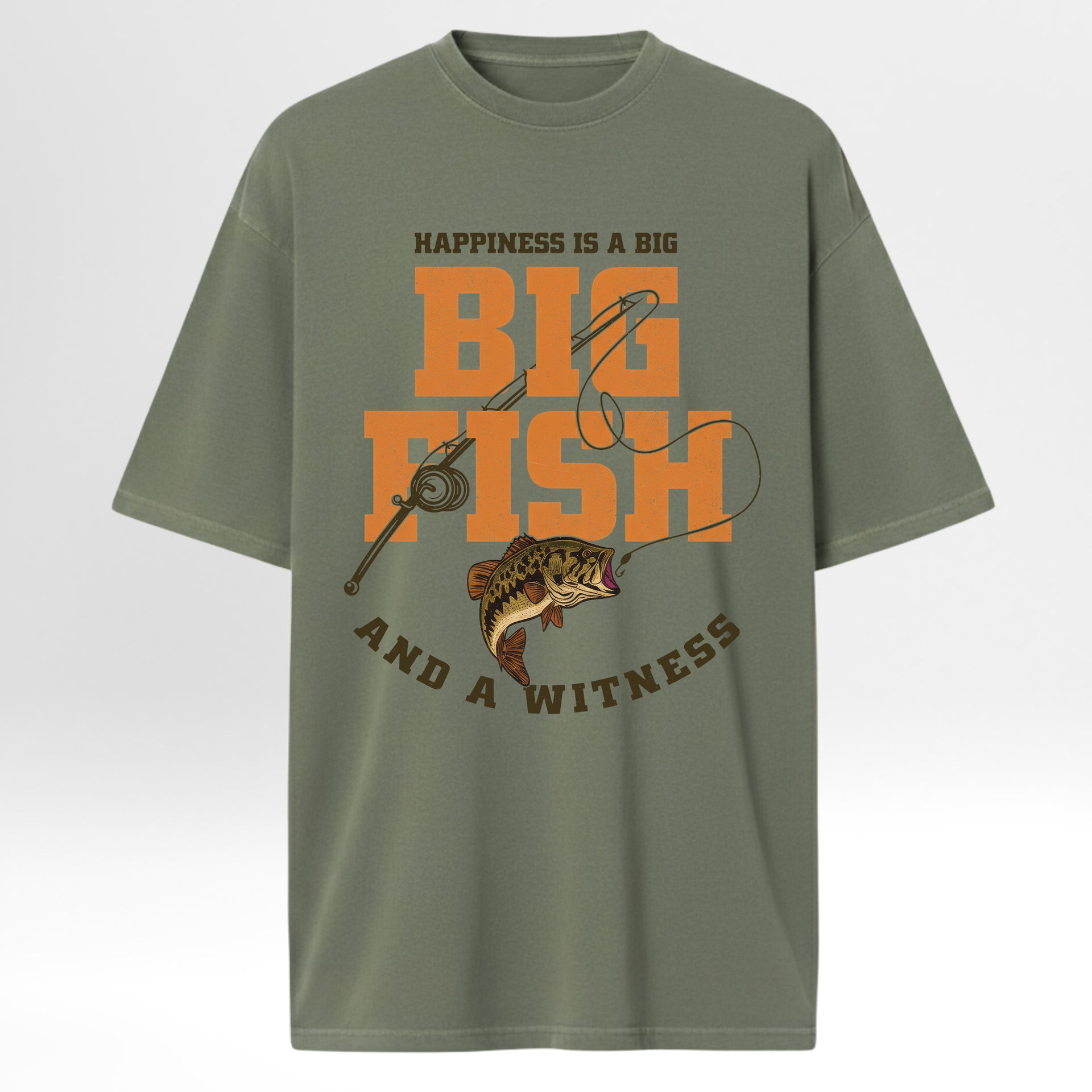 Green t-shirt with fishing graphic and text 'Happiness Is A Big Big Fish And A Witness'