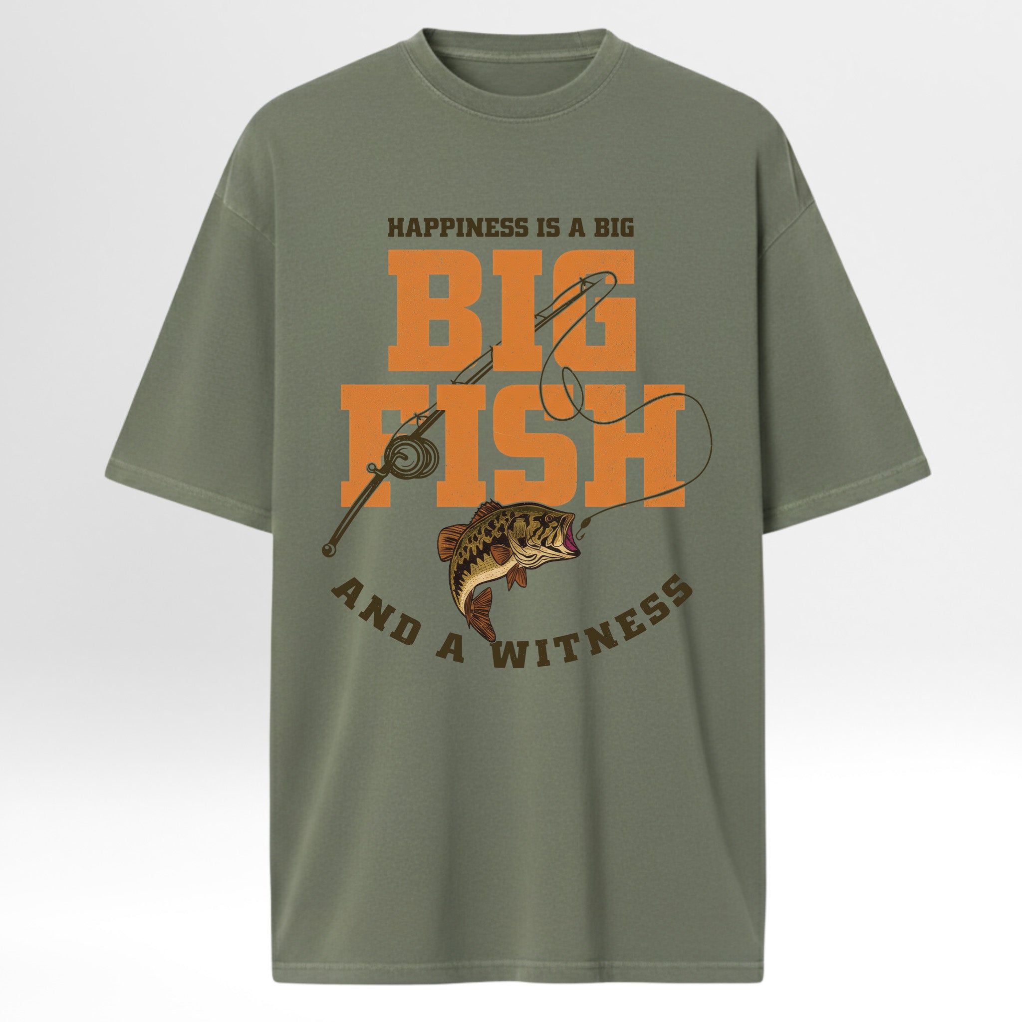 Green t-shirt with fishing graphic and text 'Happiness Is A Big Big Fish And A Witness'