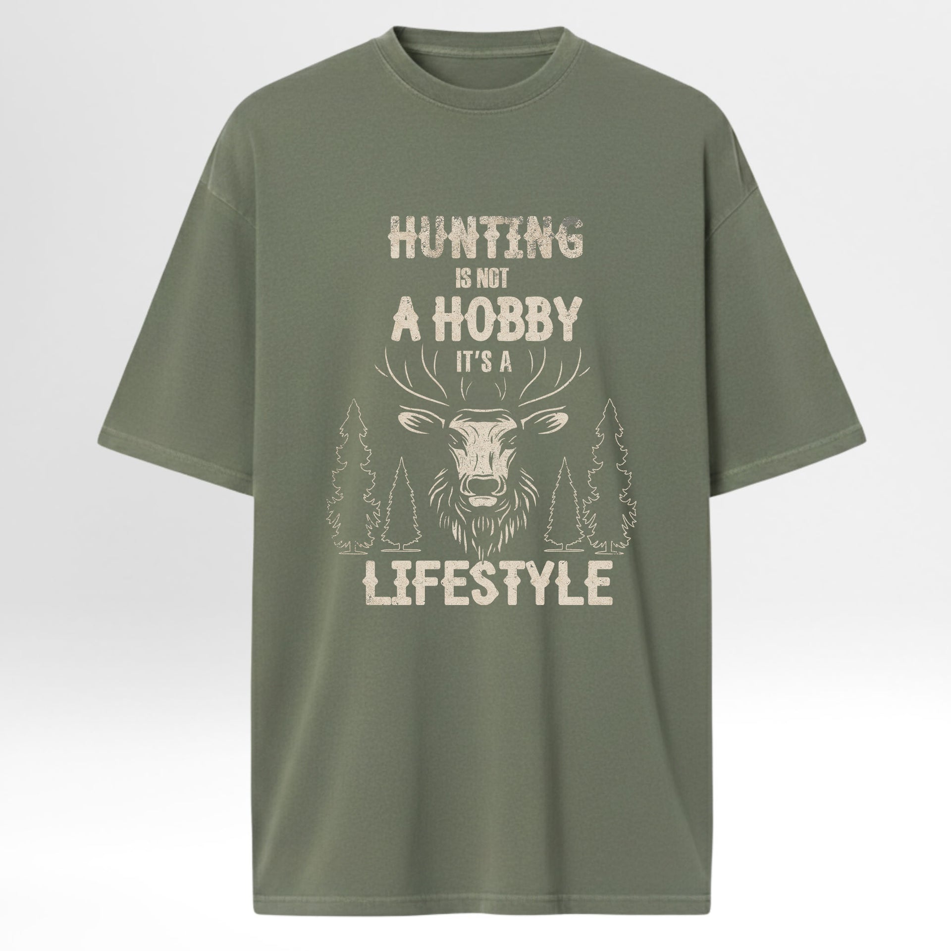 Green t-shirt with graphic design and text 'Hunting Is Not A Hobby It's A Lifestyle'