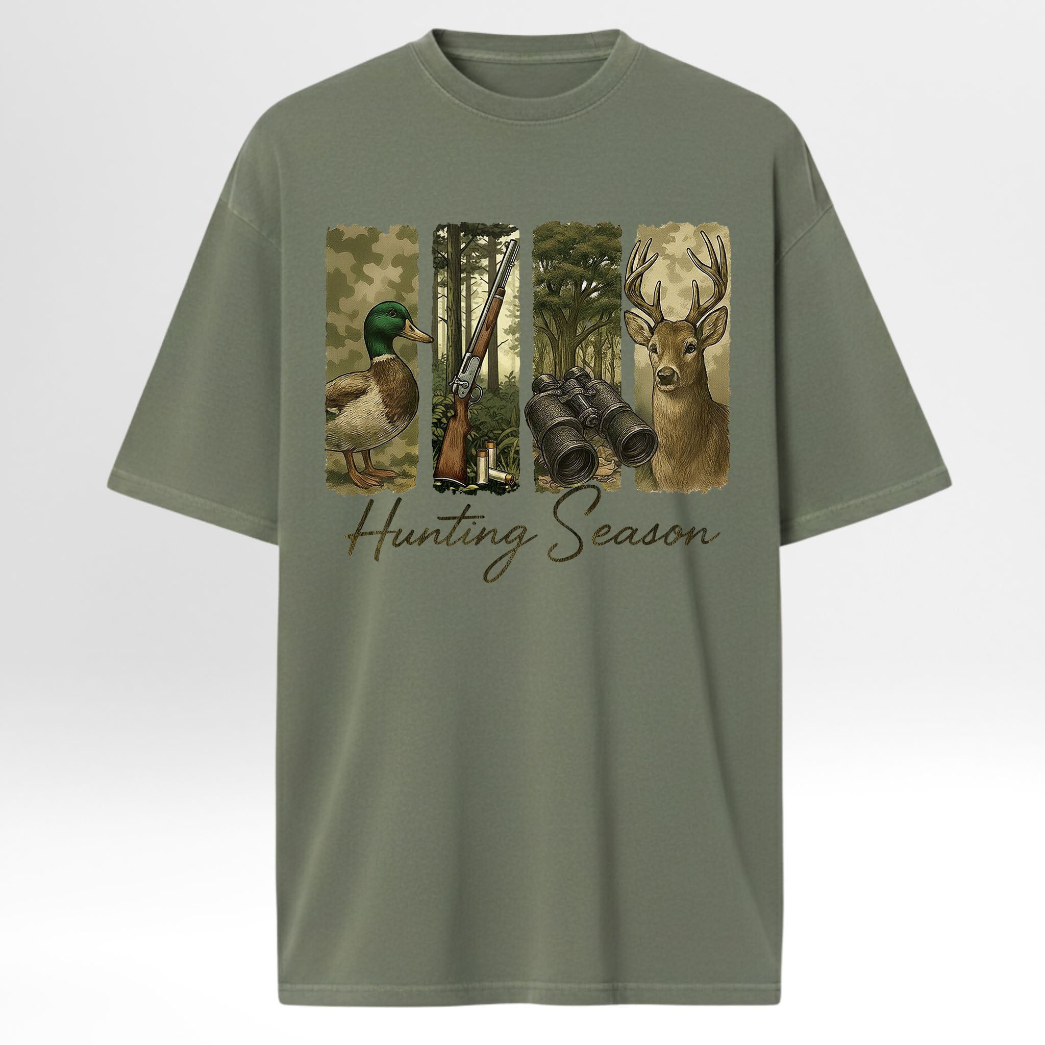 Green hunting graphic t-shirt with hunting-themed graphic and 'Hunting Season' text on a white background