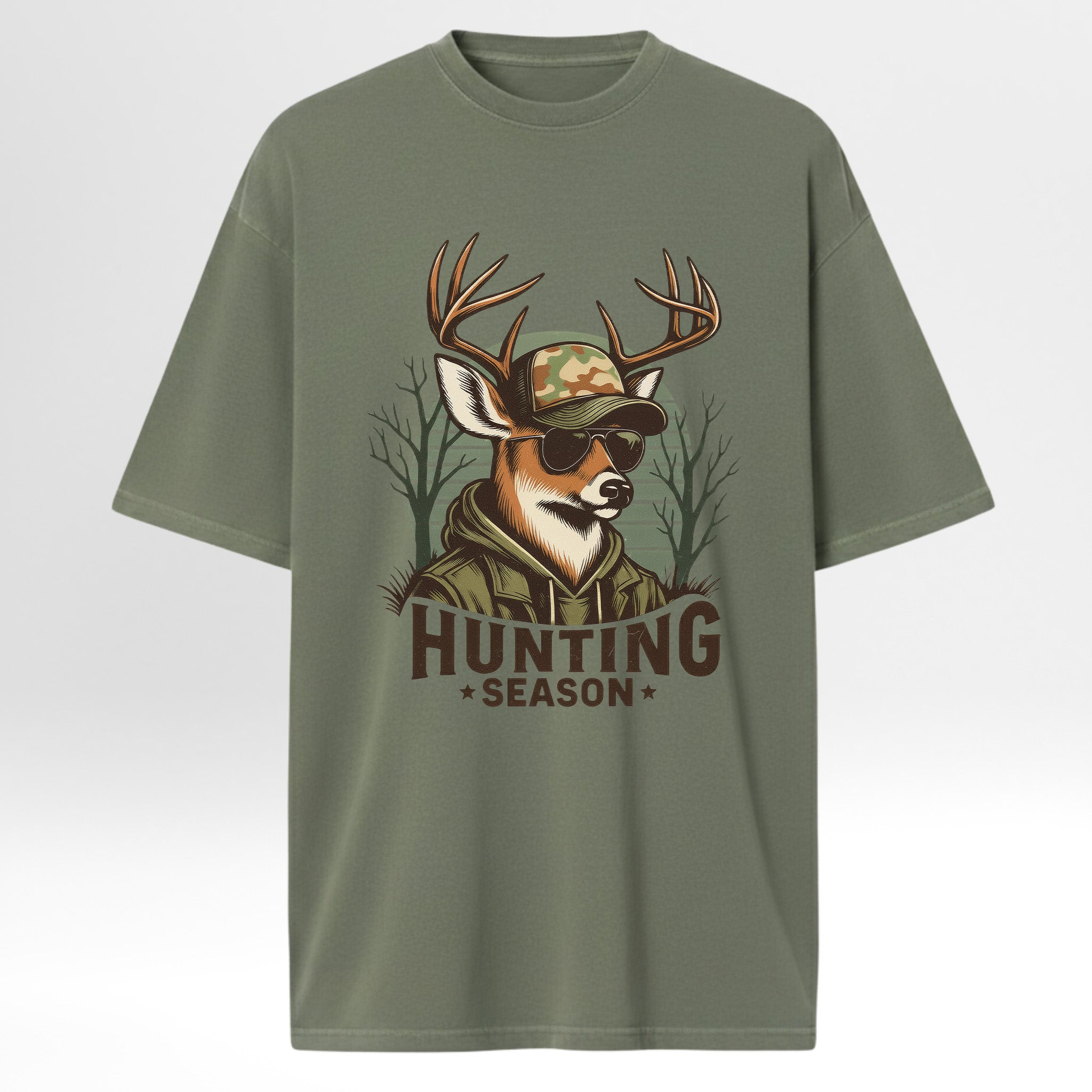 Green hunting graphic t-shirt with a deer graphic and 'Hunting Season' text on a white background