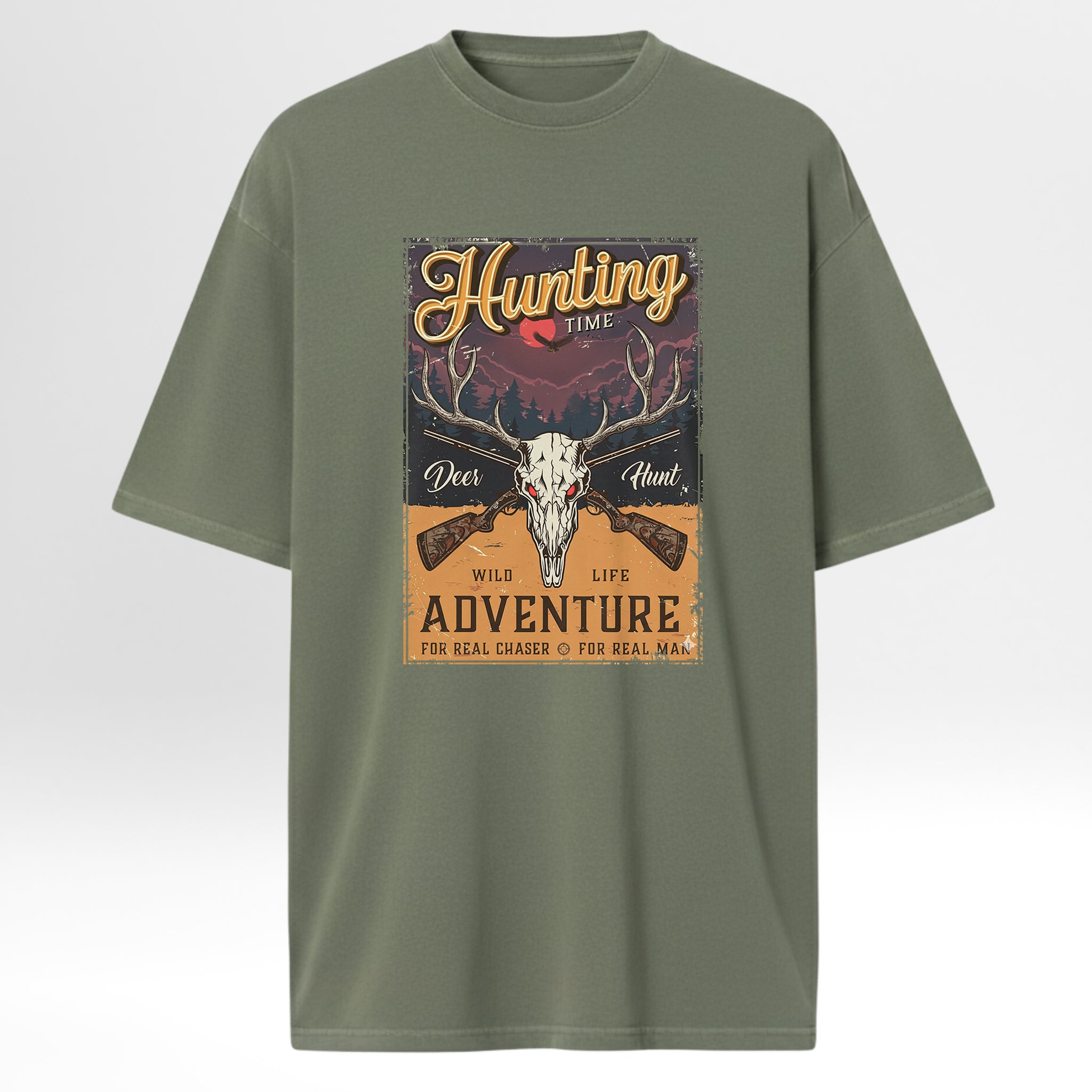 Green t-shirt with hunting-themed graphic design with text 'Hunting Time Deer Hunt Wild Life Adventure For Real Chaser For Real Man'