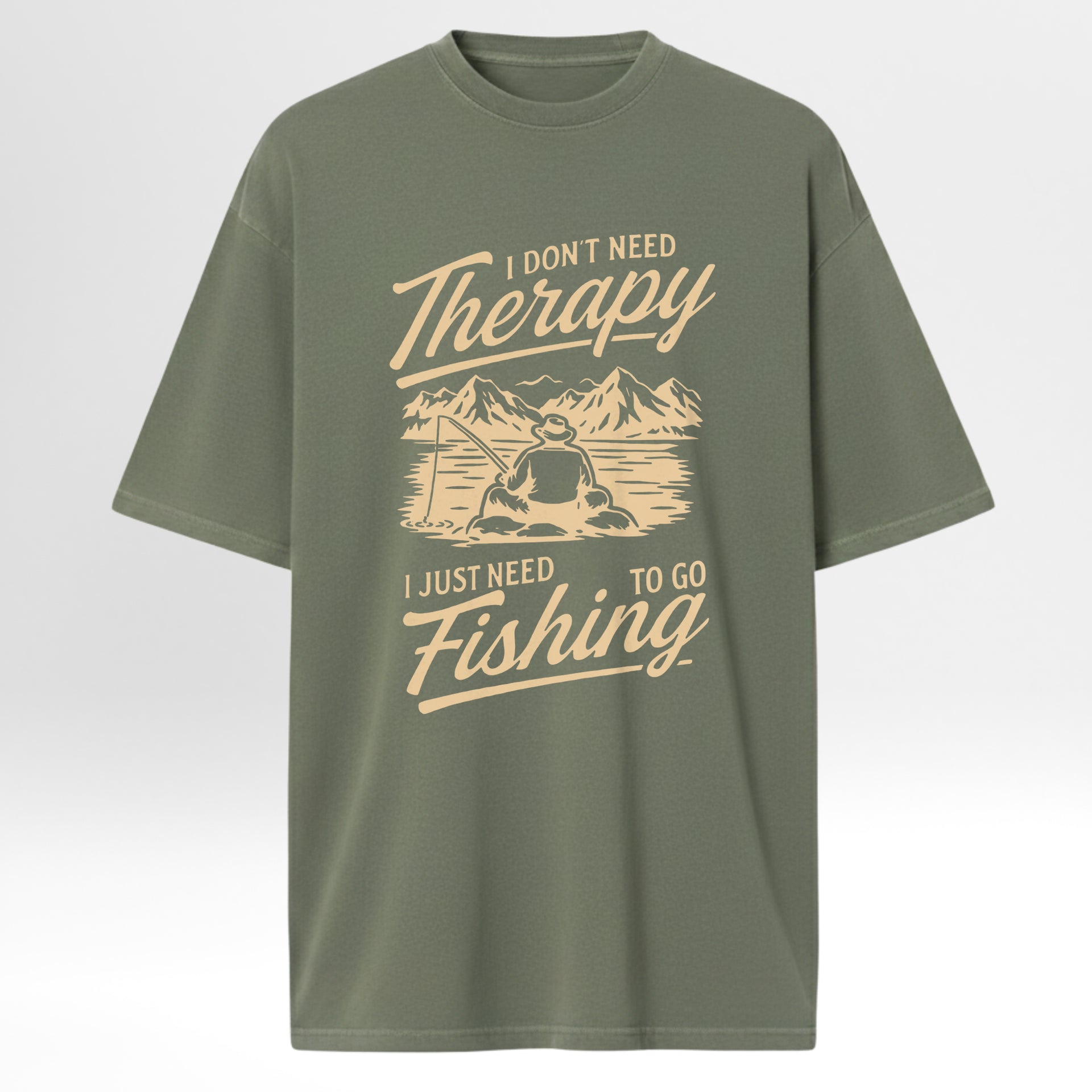 Green fishing t-shirt with fishing graphic and text 'I Don't Need Therapy I Just Need To Go Fishing'